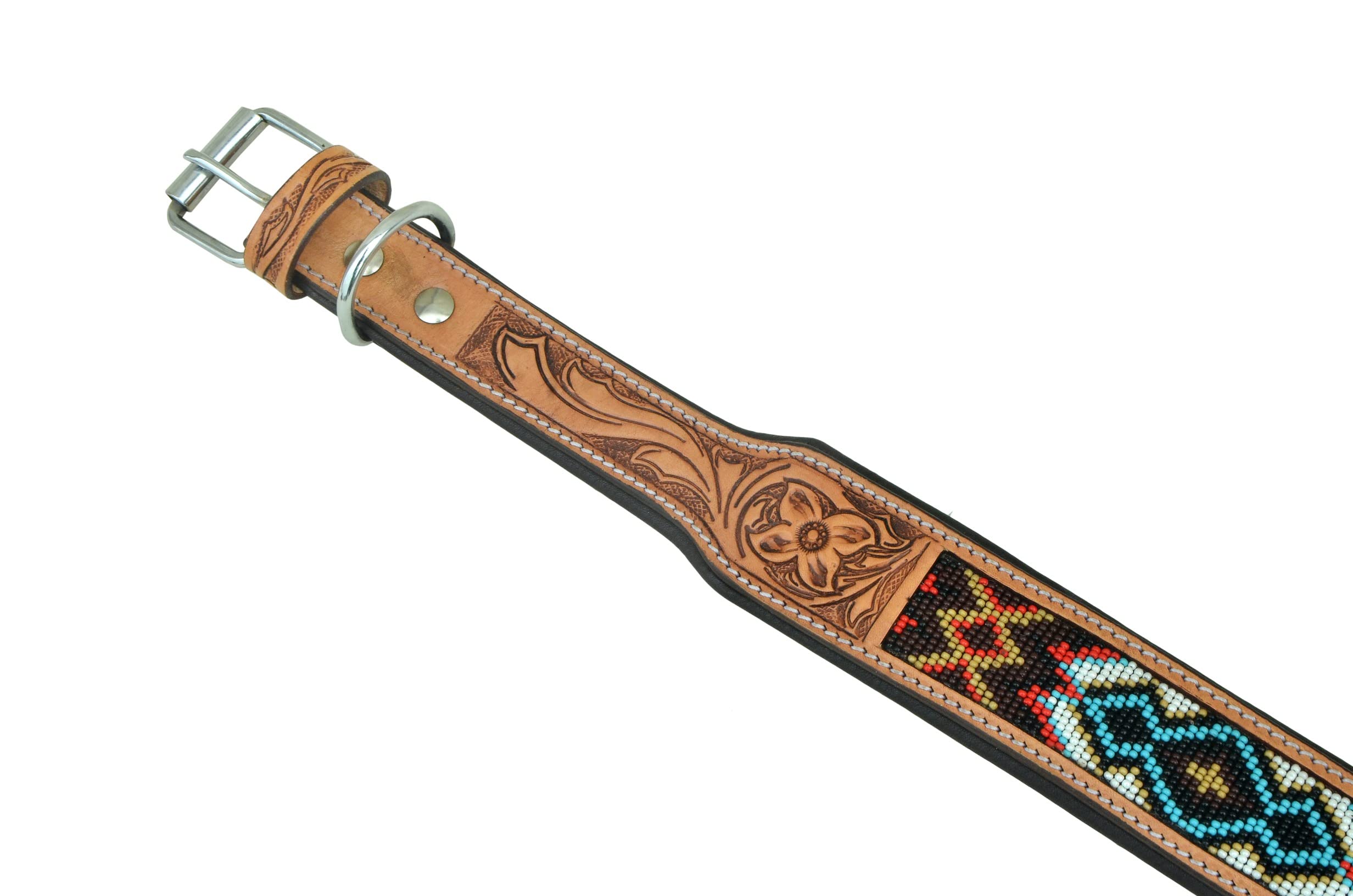 Leather Dog Collar Large Size Western Style Heavy Duty Hand Tooled Adjustable Beaded And Padded Soft For Puppies And Big Dogs 10