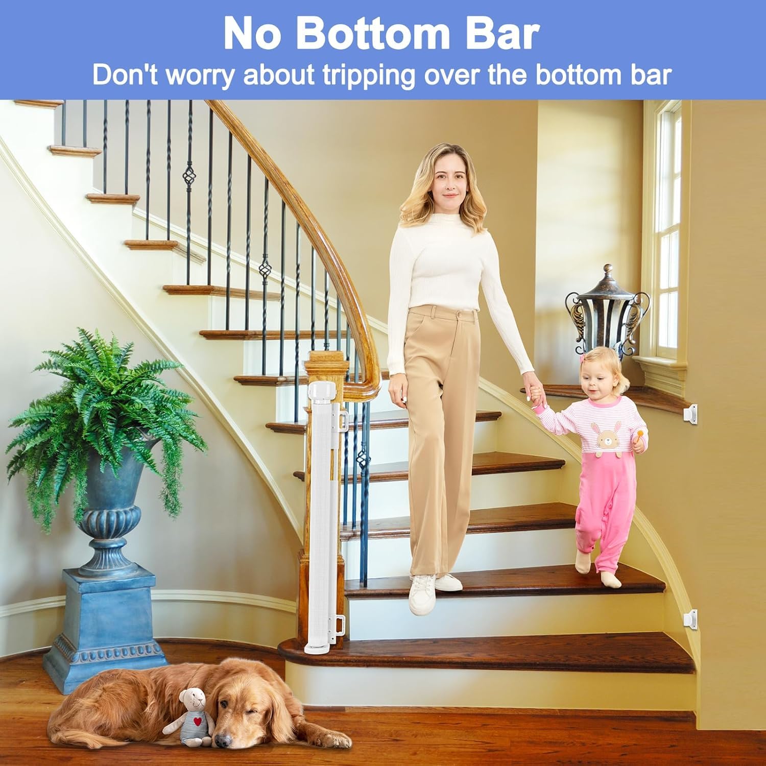 BETERTEK Reinforced Retractable Child Gate for Stairs, 33" x 80", White, Model HY-A127, Extra Wide for Dogs and Toddlers