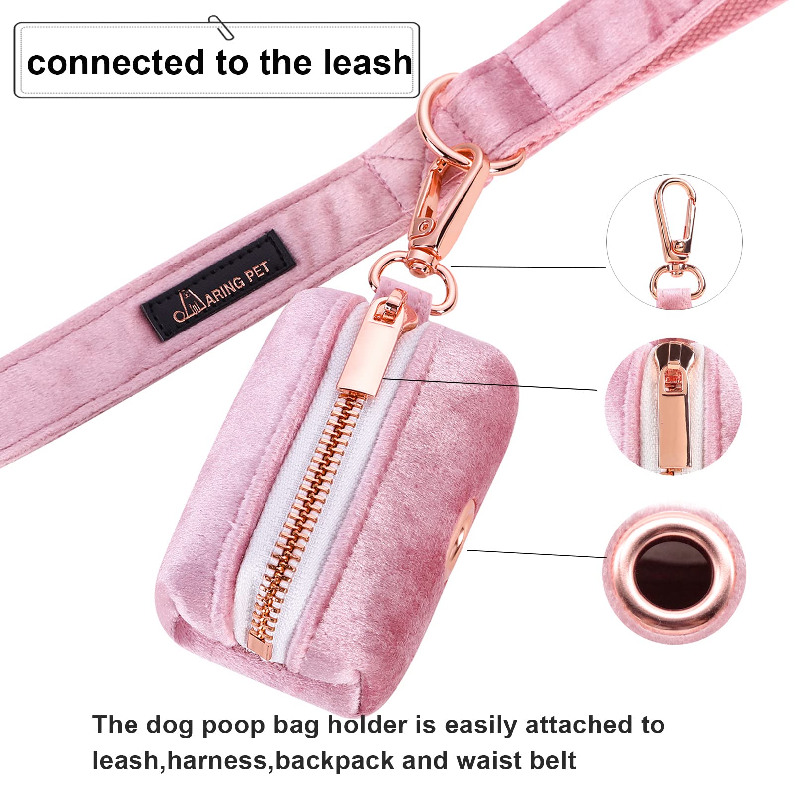 Aring Pet Velvet Dog Waste Bag Dispenser, Pink Doggy Poop Bags Holders Attach To Any Leashes, Portable Washable Pet Waste Pouch Dispenser With Metal Zipper