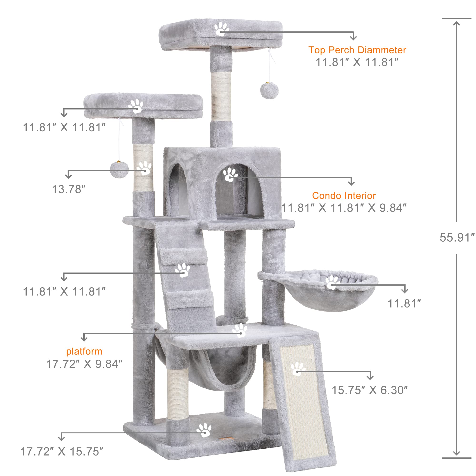 Heybly Cat Tree, Cat Tower For Indoor Cats,Multi-Level Cat Furniture Condo For Cats With Padded Plush Perch, Cozy Basket And Scratching Board Light Gray Hct014W