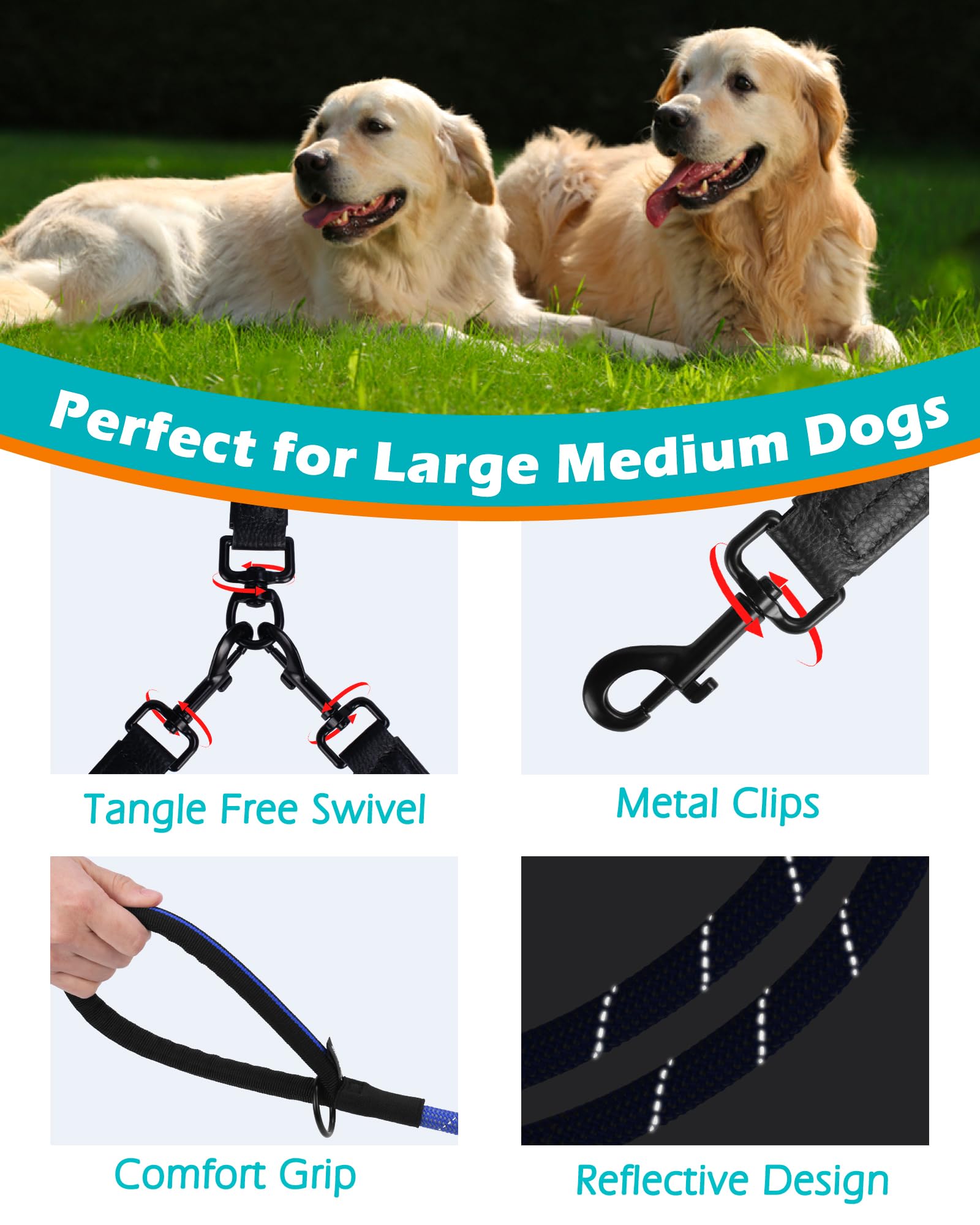 Petbonus Rope Double Dog Leash, No Tangle Dual Leash, Reflective Walking Training Lead With Two Comfortable Padded Handles, Lead