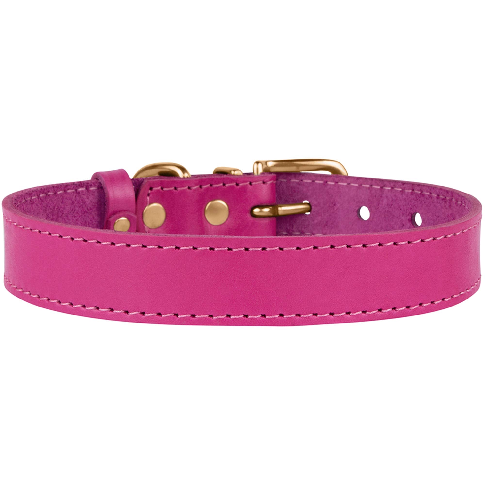 Bronzedog Leather Dog Collar With Metal Buckle Durable Basic Pet Collars For Small Medium Large Dogs (14-17 Inch (Pack Of 1), Pink & Gold Buckle)
