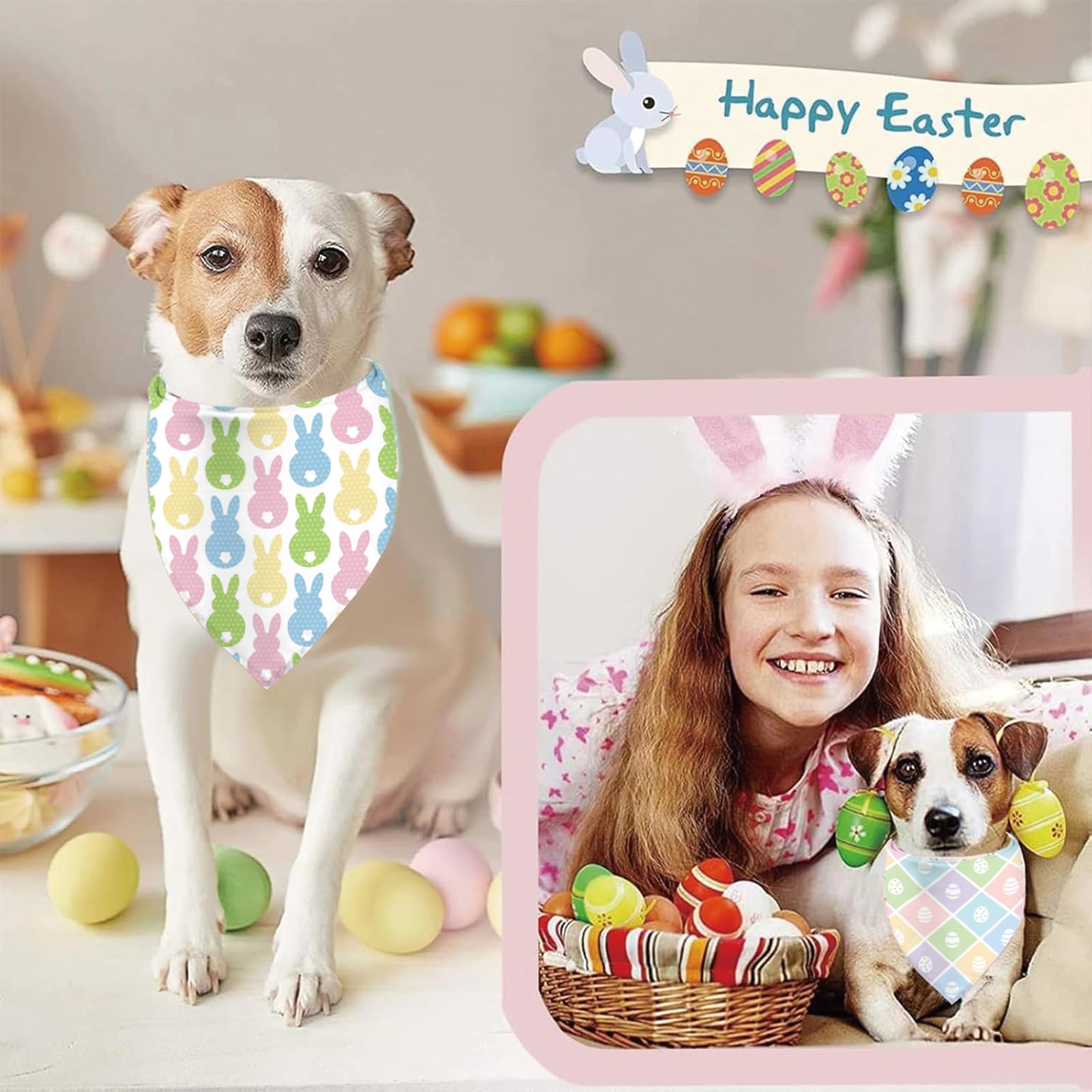 Easter Dog Bandanas Puppy Scarf - Easter Eggs Pees Bunny Dog Outfits - 2 Pcs Adjustable Triangle Double-Layer Reversible Pet Ban