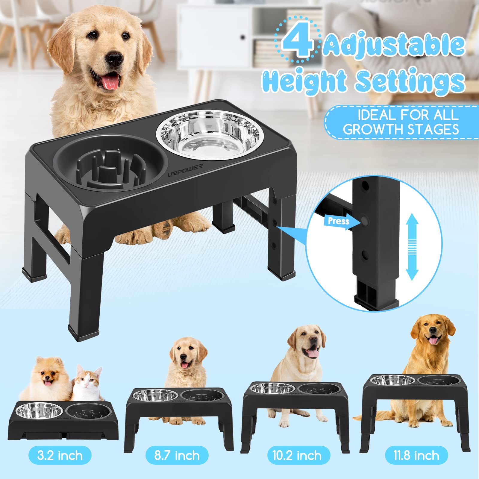 URPOWER Raised Slow Feeder Dog Bowls 4 Height Adjustable Elevated Bowl Stand with Stainless Steel Water Bowl and Slow Feeder Non