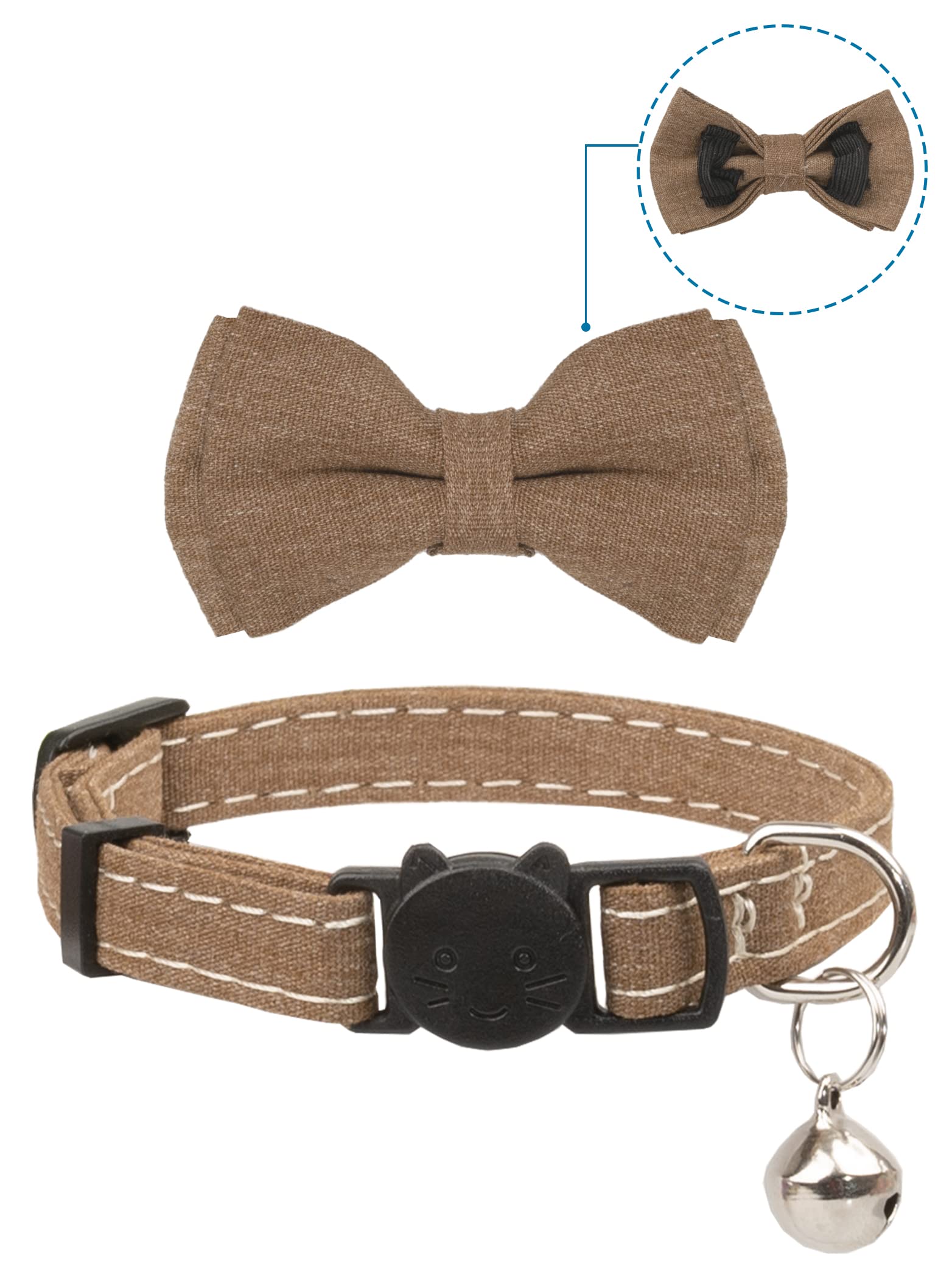 Gyapet Cat Collar Breakaway Bowtie Safety With Bell Adjustbale Kitten Puppy Solid Plaid Color Set D-[2Pcs] Brown
