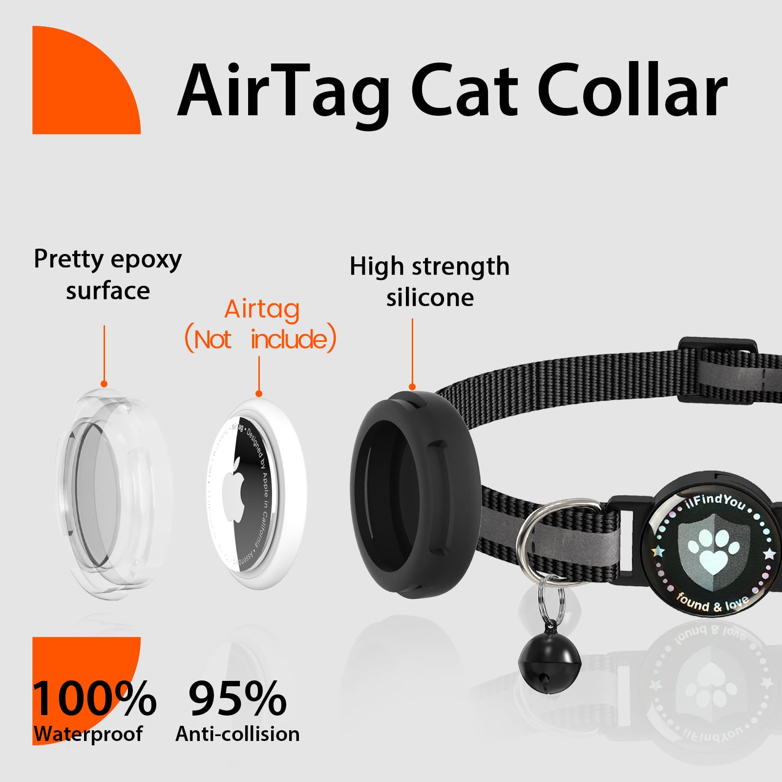 Ilfindyou Airtag Cat Collar Breakaway, Reflective Cat Collars With Apple Airtag Holder, Adjustable Kitten Collar With Bells Blac