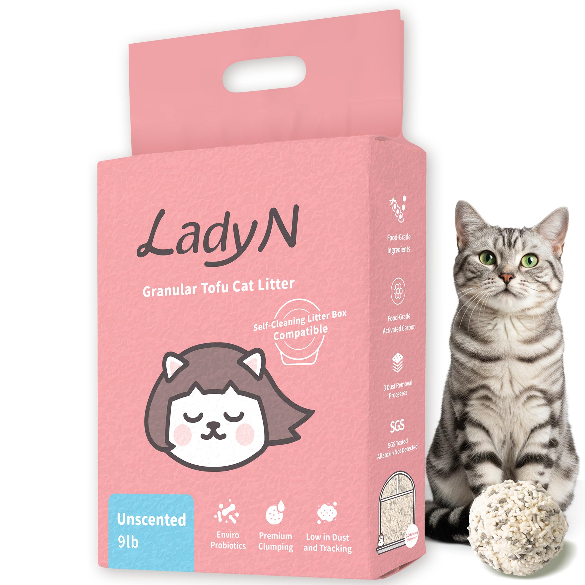 Lady N Granular Tofu Cat Litter Mini-Pellet Compatible with Automatic Self Cleaning Cat Litter Box, Strong Clumping Ultra Absorb