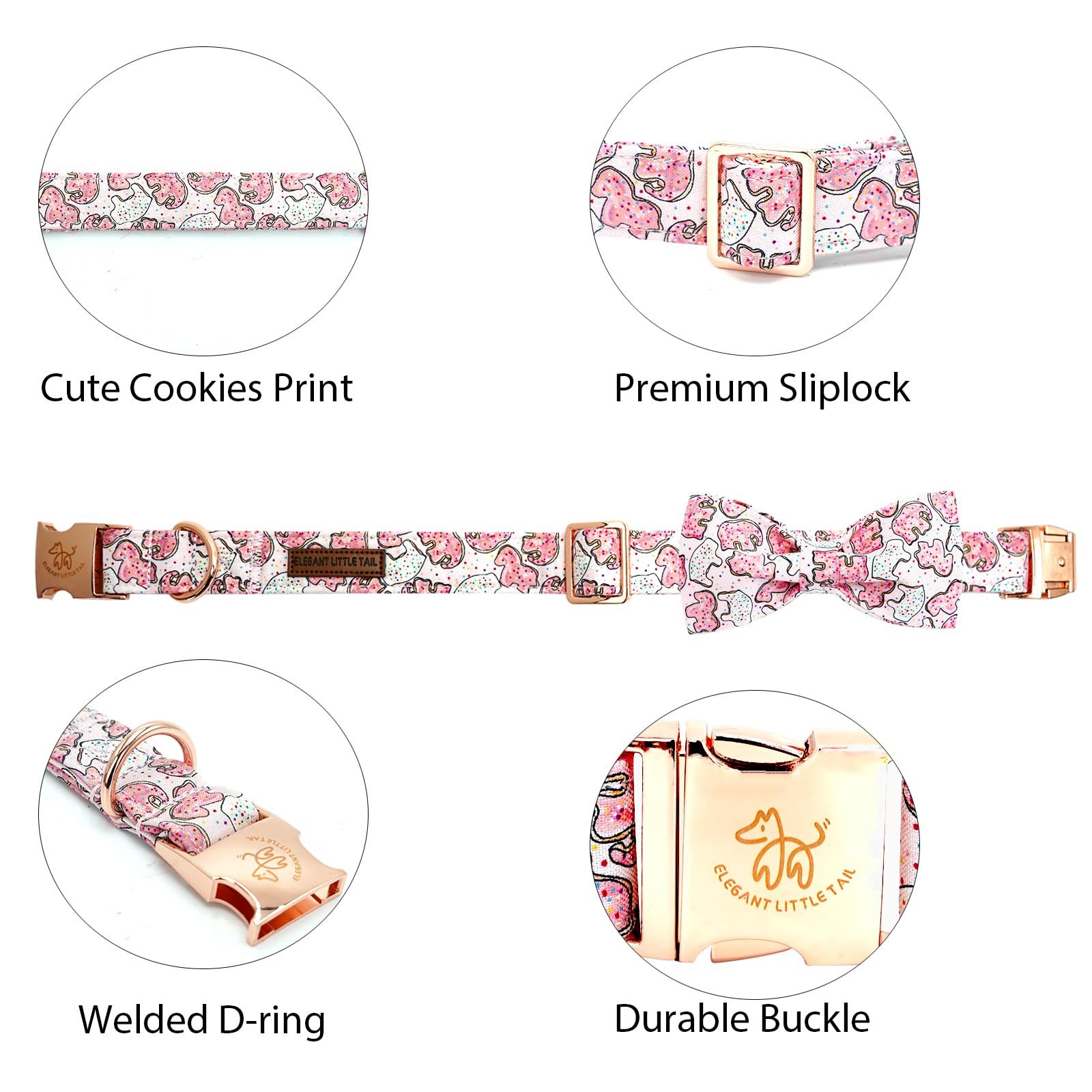 Elegant Little Tail Dog Collar, Pink Dog Collar With Bow Cute Elephant Cookies Print Cotton Soft Female Male Pet Collar Bowtie D
