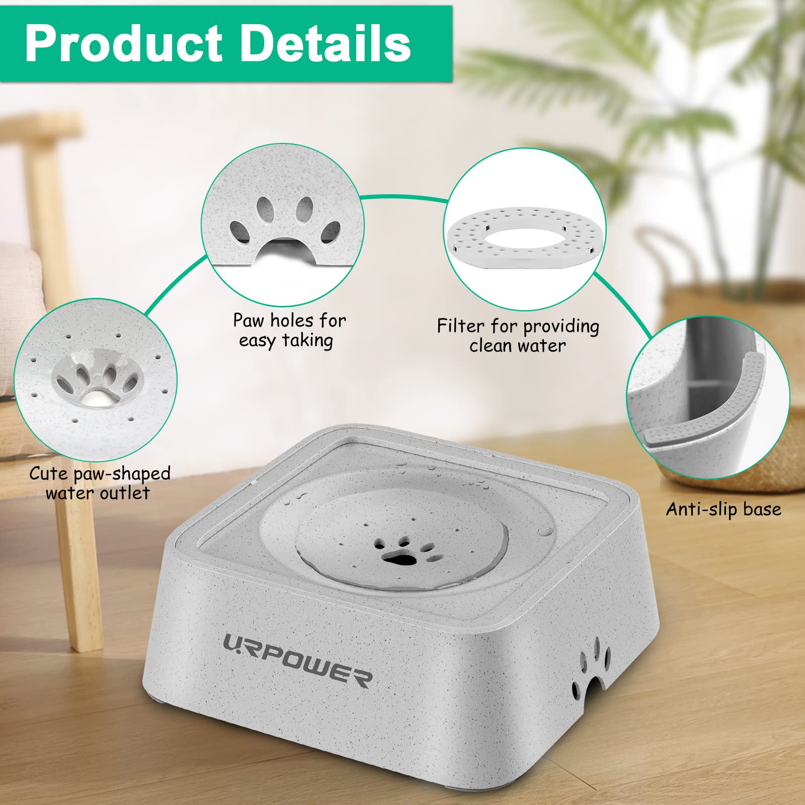 URPOWER Dog Water Bowl 2.5L No Spill Light Gray Eco-Friendly Pet Feeder for Dogs & Cats