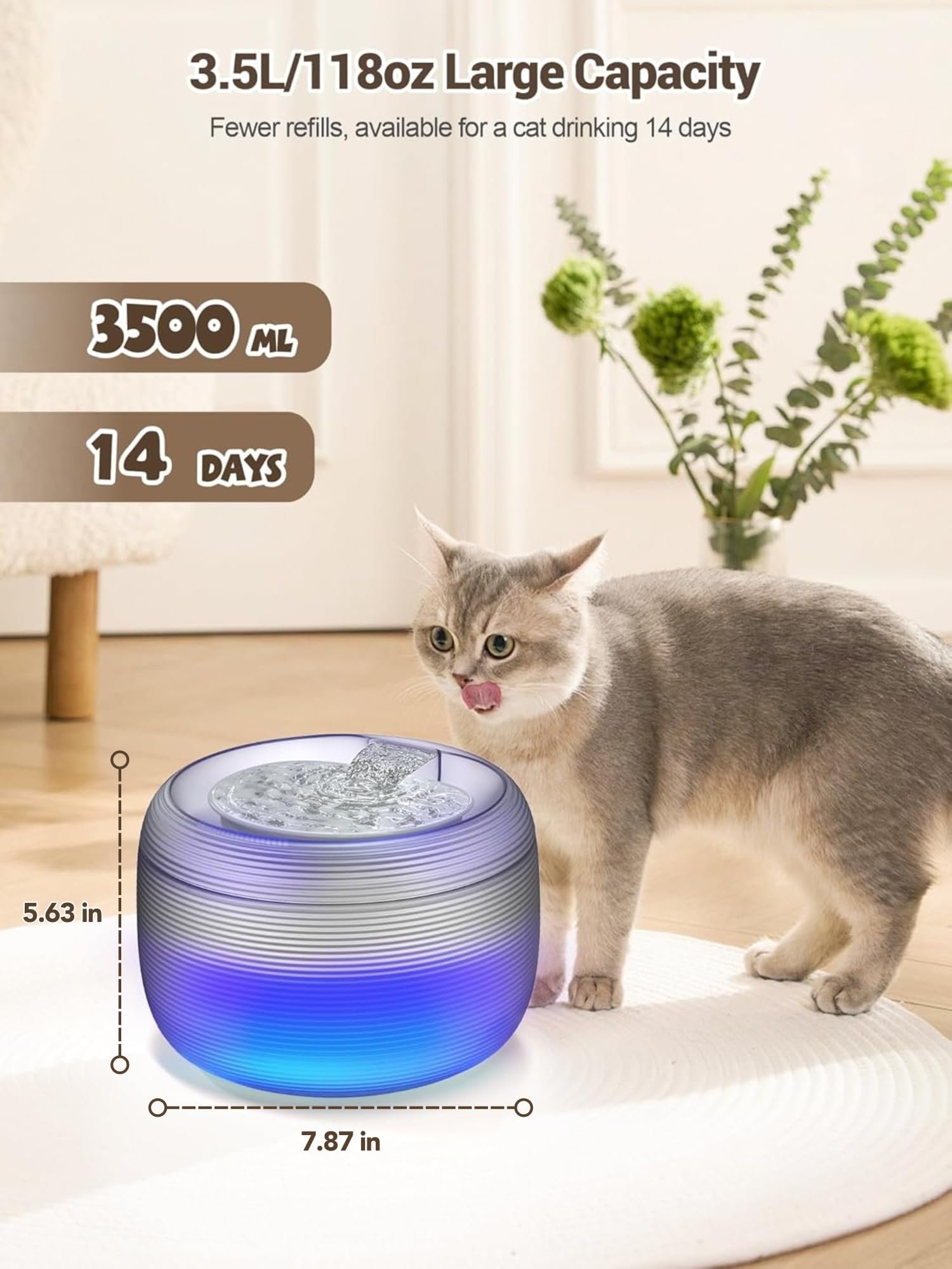 SIBAYS 3.5L Cat Water Fountain - 118oz Quiet Automatic Pet Dispenser, LED Light, Easy to Clean, Black, Model FS75