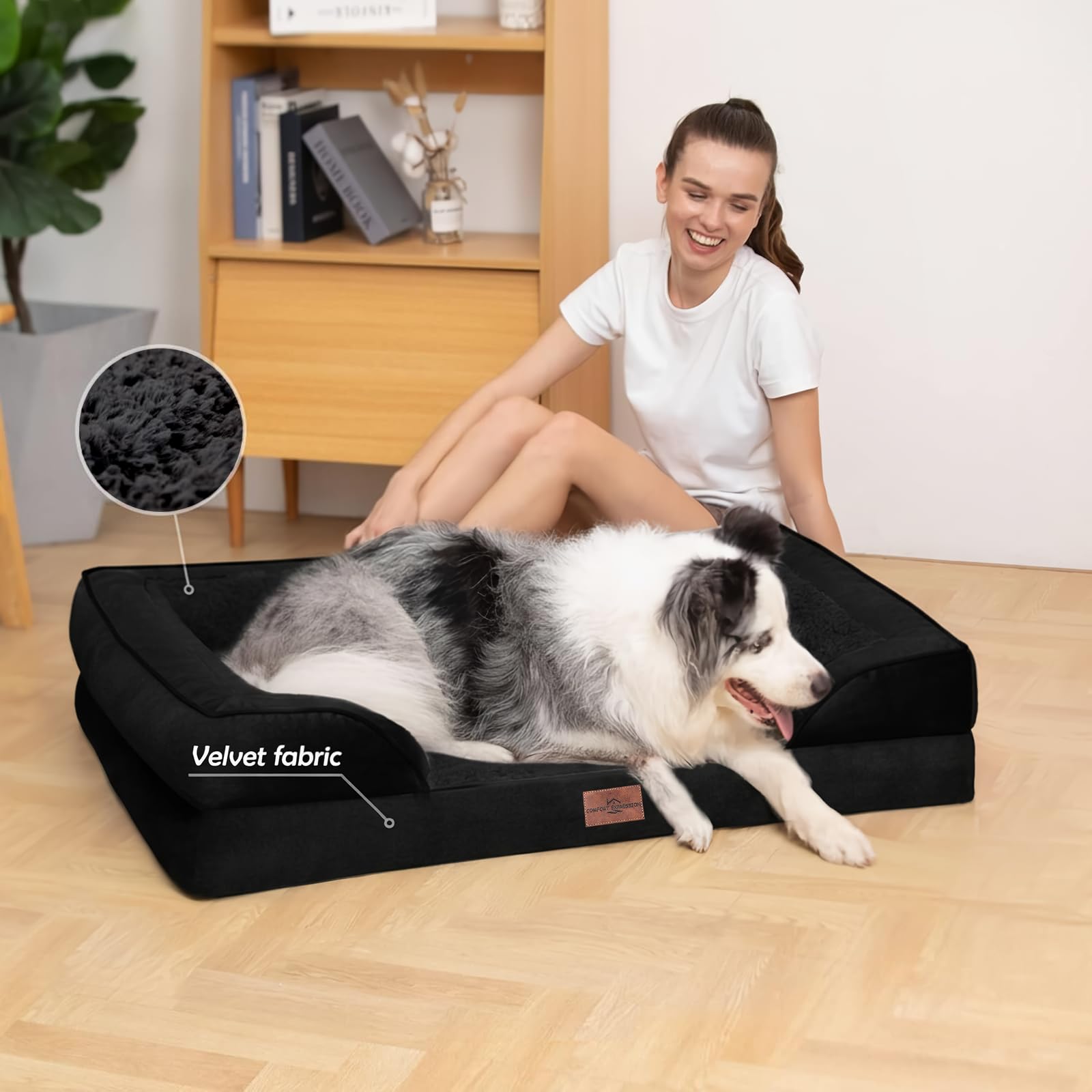 Comfort Expression Orthopedic Dog Bed, Waterproof Egg Crate Foam, 45x35 Inch, Black, Removable Bolsters, Non-Slip Bottom