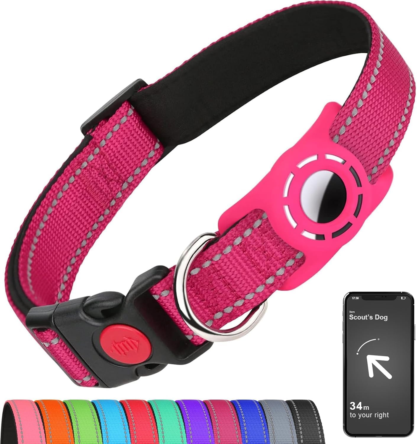 Erbine Airtag Dog Collar For Large Dogs, Reflective Dog Collars With Airtag Holder, Soft Padded & Safety Locking Buckle, Nylon Pet Collar Adjustable For All Breeds, Hotpink