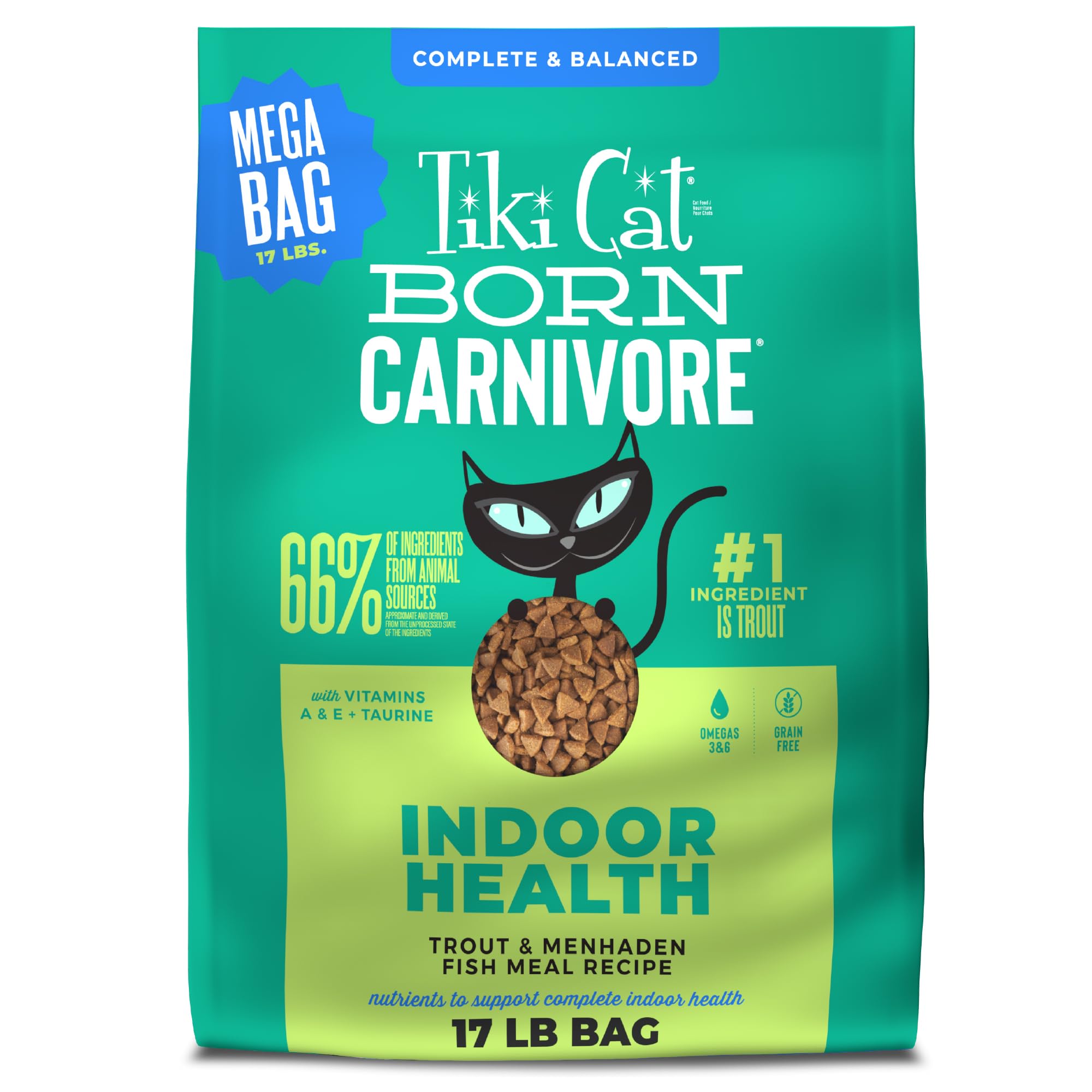 Tiki Cat Born Carnivore Indoor Health Trout & Menhaden Fish Meal, Dry Cat Food for Adult Cats, 17 lbs. Mega Bag