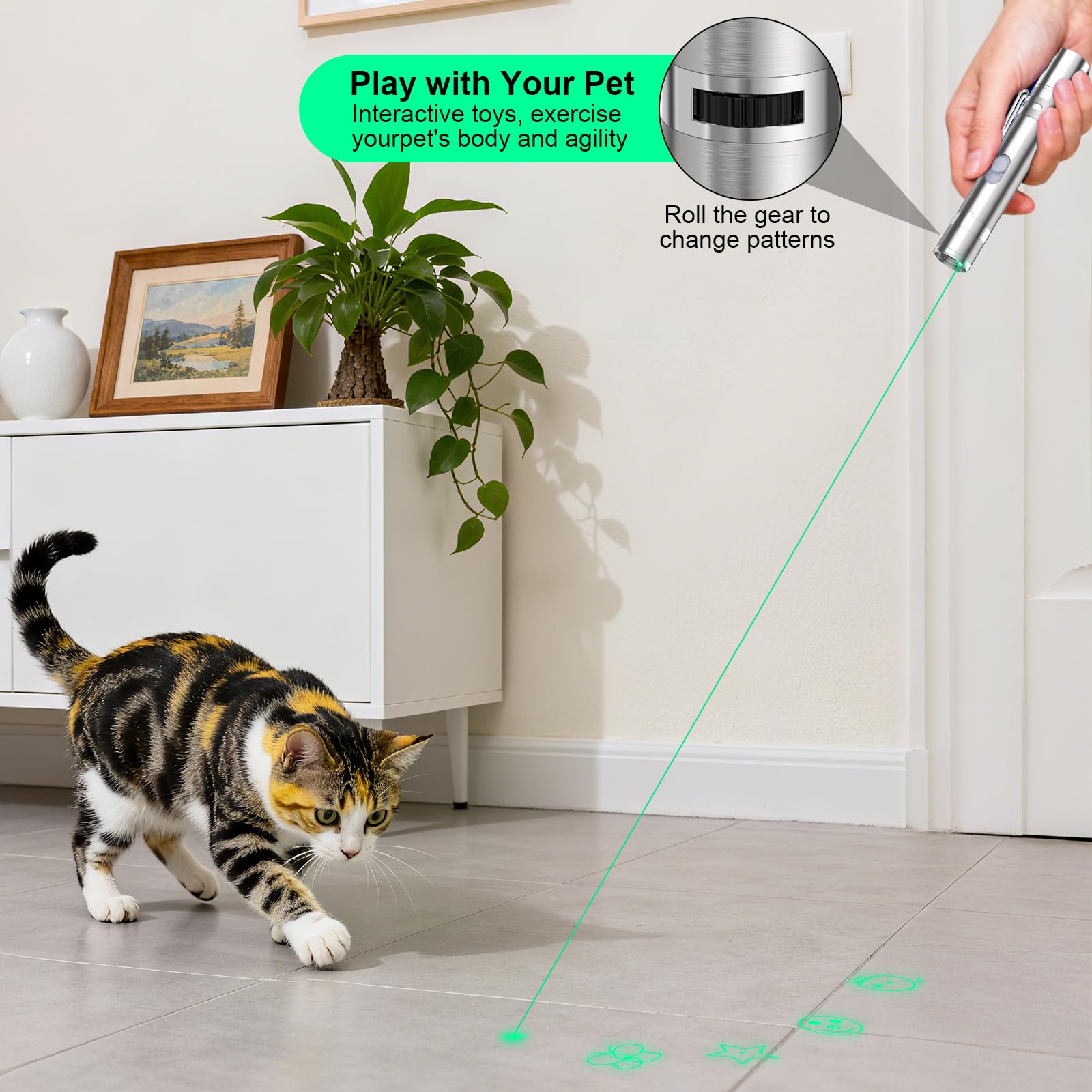 Waputne Cat Toy for Indoor Cats, USB Rechargeable Kitten Toys with 5 Adjustable Green Patterns, Interactive Chase Toys for Indoo