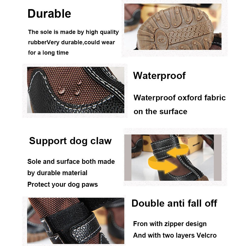 Fladorepet Large Big Dog Pu Leather Sport Shoes Winter Waterproof Pet Dog Puppy Martin Boots Non-Slip Pitbull Golden Retriever Rain Shoes (12（2.9X3.7Inch）(Pack Of 4), Brown)