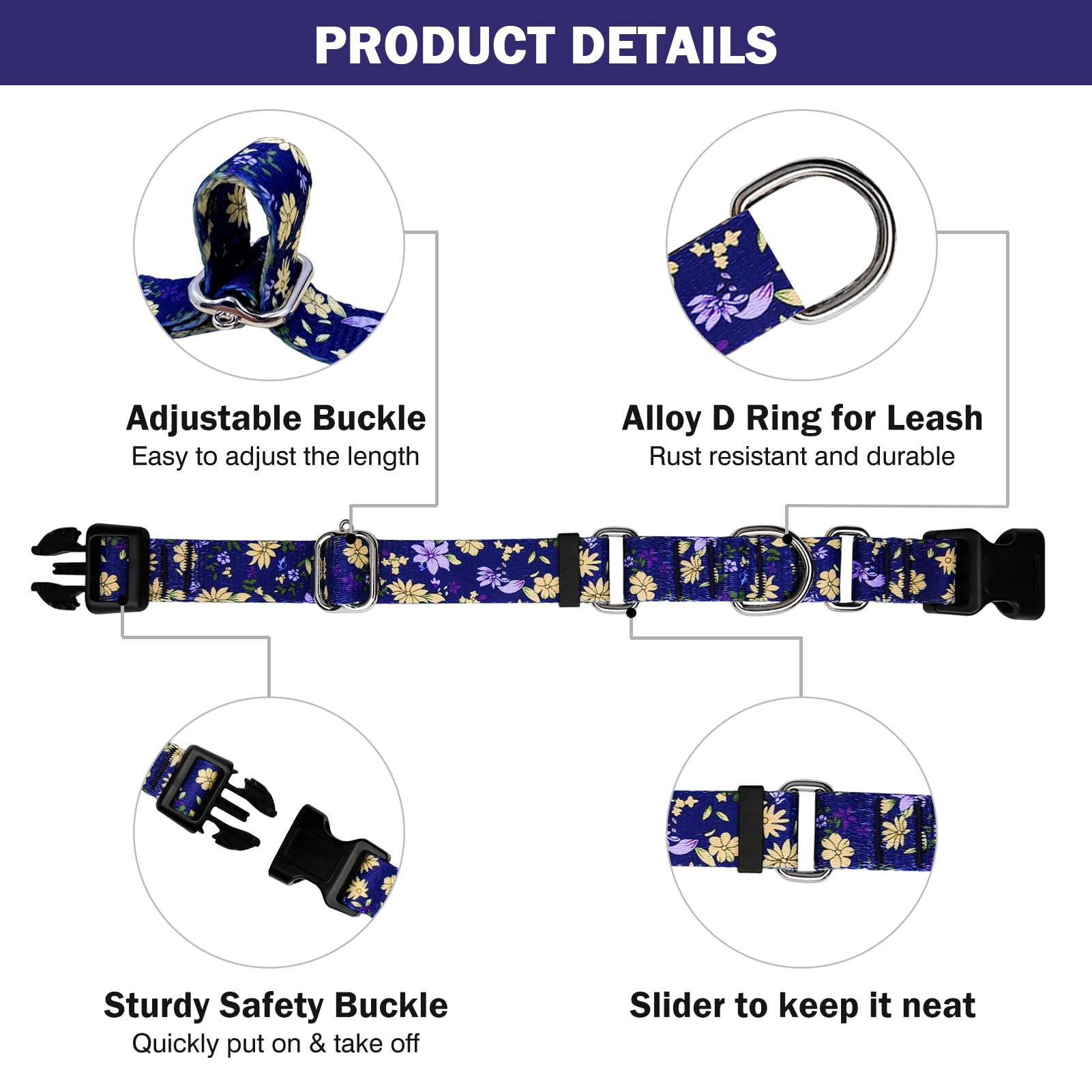Hikiko Martingale Collar For Dogs Cute Floral Dog Collar For Small Medium Large Dogs Anti Pull Quick Release Buckle Dog Collars