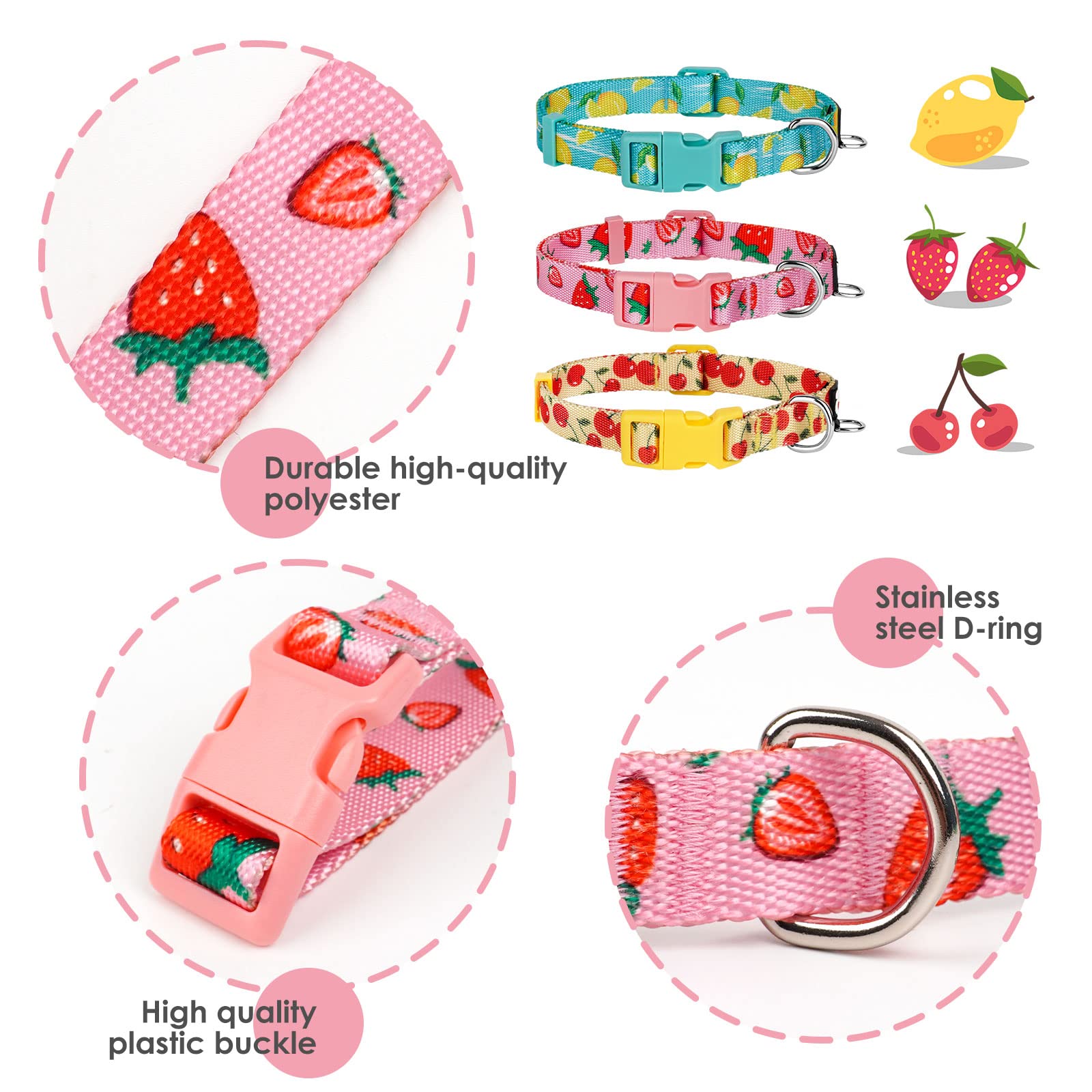 Azuza 3 Pack Fruit Design Dog Collars Comfortable And Adjustable Nylon Dog Collars For Puppy Small Dogs, Xs (8-12Inch),Strawberr