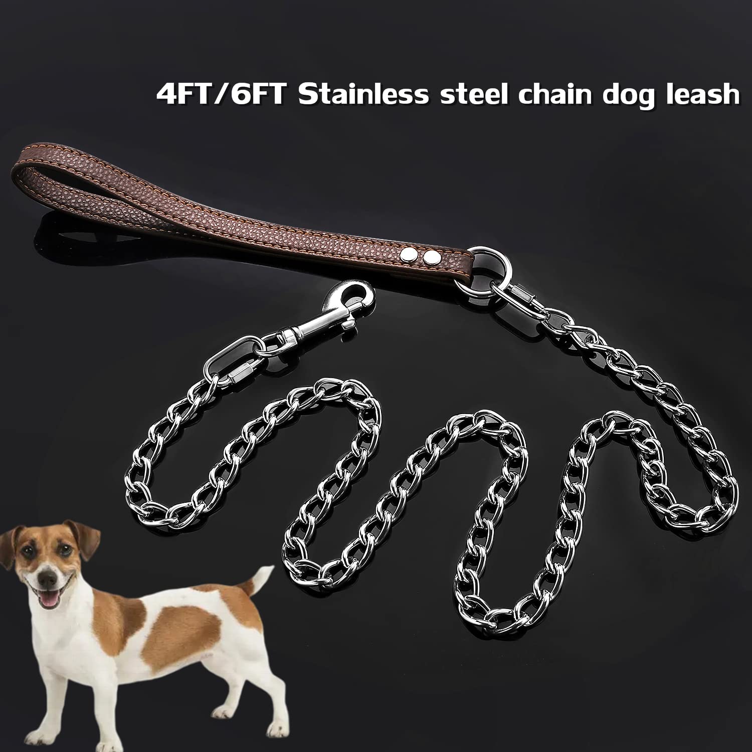 Puroayet Heavy Duty Dog Chain Leash 4Ft/6Ft Chew Proof Stainless Steel Link Leash,Training Walking Leash For Large Medium Size Dogs,With Two Connection Clip,Adjustable Long/Short Dog Leash(4Ft)