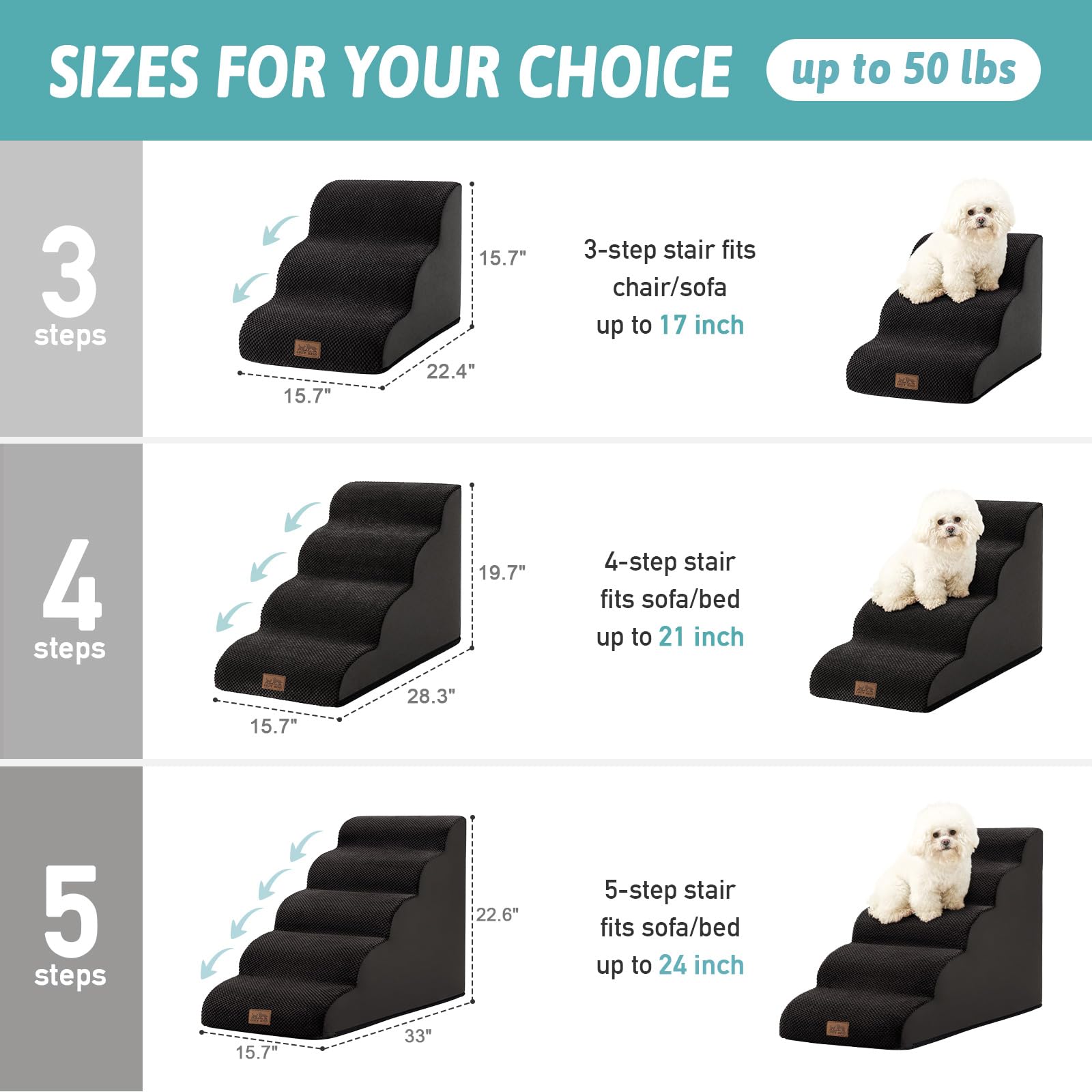 COZY KISS Dog Stairs for Small Dogs 15.7 H, Curved Dog Step for Puppy, Older Cat, Medium Pet Ramp for Sofa, Couch or Chair, Ladd