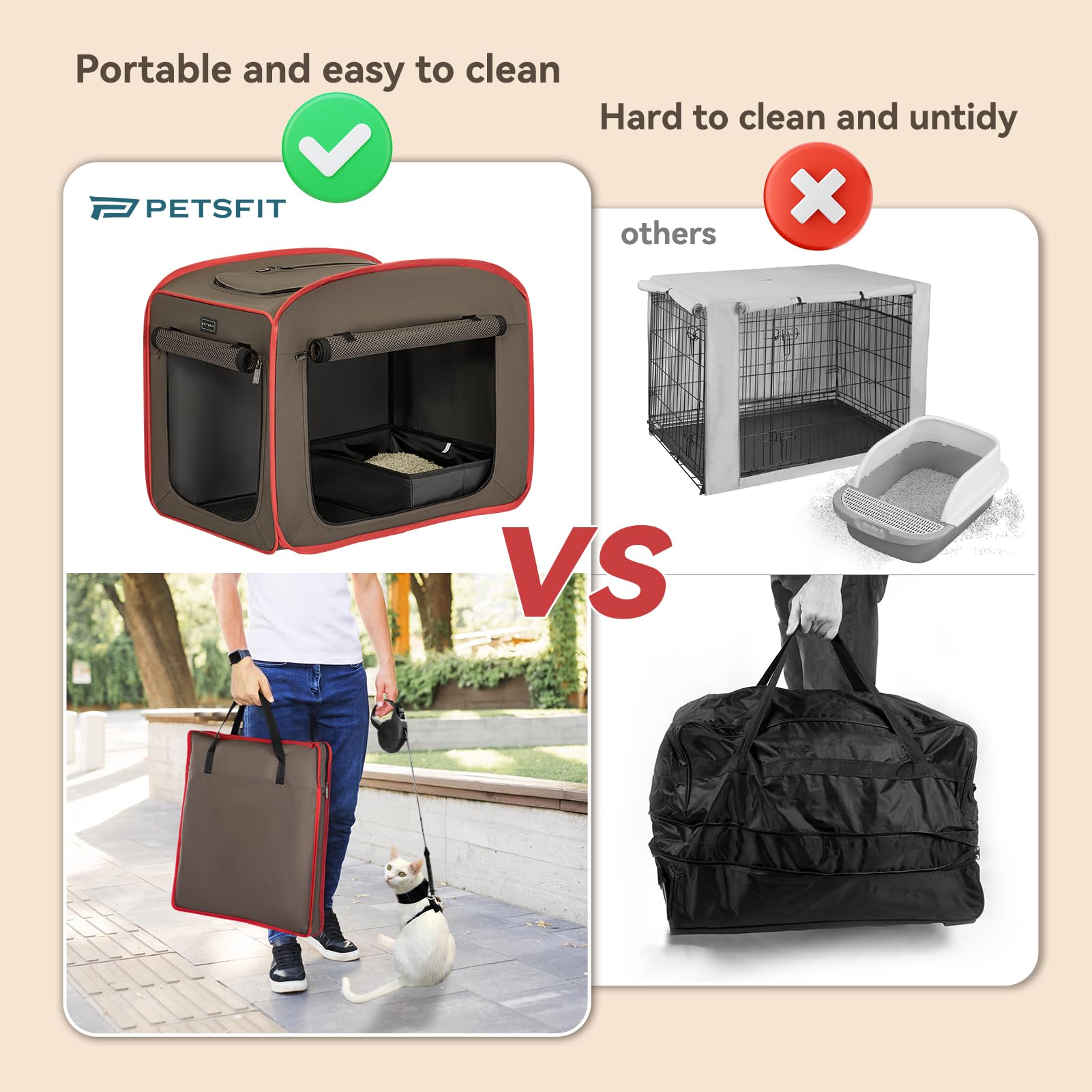 Petsfit Portable Cat Crate With Litter Box And Soft Cushion, Collapsible Pop Up Cat Kennel With Carrying Bag For Travel