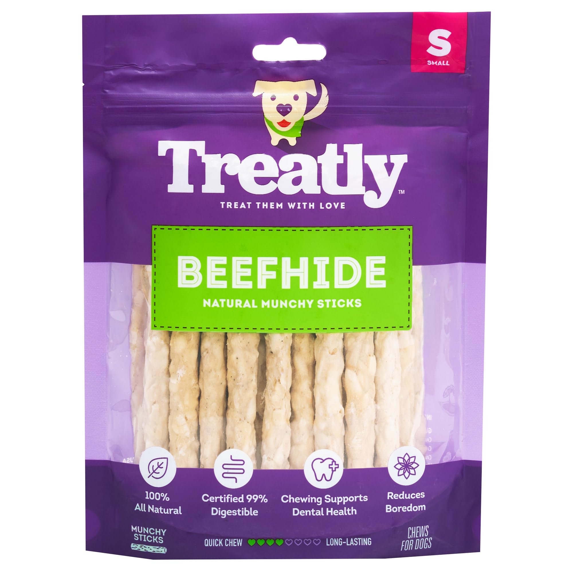 Treatly Beefhide Munchy Sticks 5 Dog Chew Treats - Natural Flavor, 40 Count/1 Pack