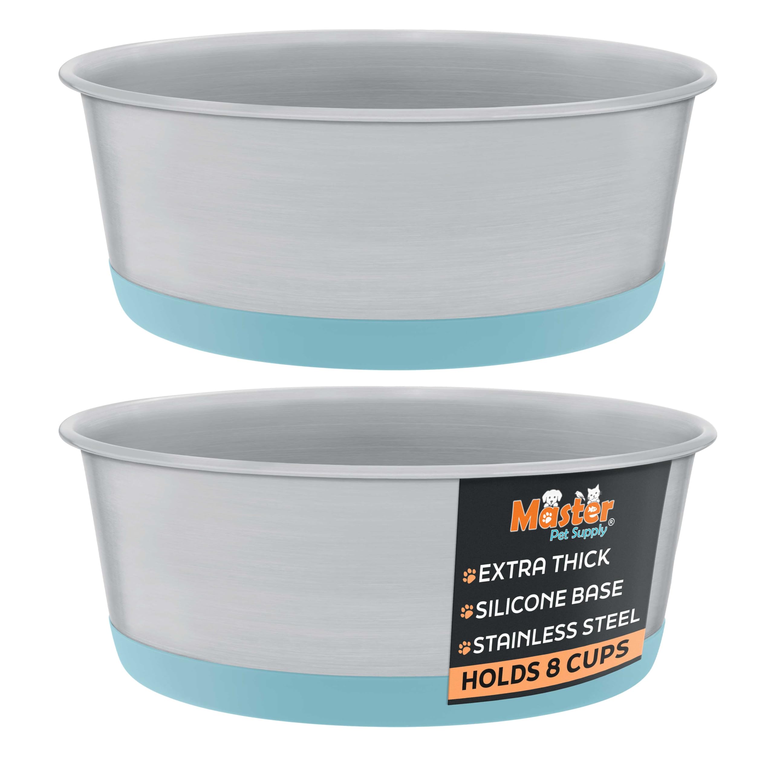 Master Pet Supply Stainless Steel Dog Bowls Set of 2 with Extra Thick Silicone Base - 8 Cup (64 oz) Aqua Sky, Non-Slip, Dishwash