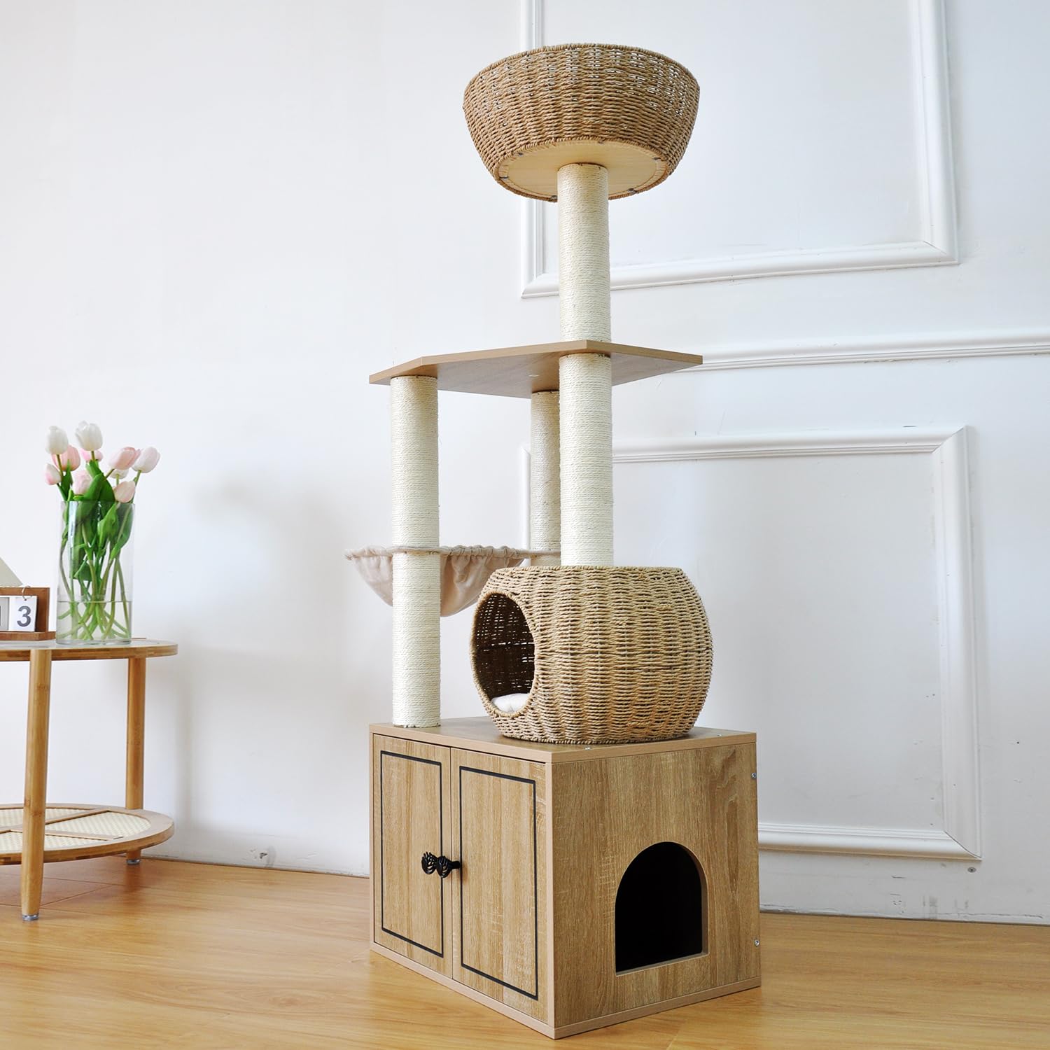 Rattan Cat Tree For Indoor Cats,Tall Cat Tree Tower With Cat Scratching Post,Wood Cat Tower For Indoor Cats,56.7 Inch Tall