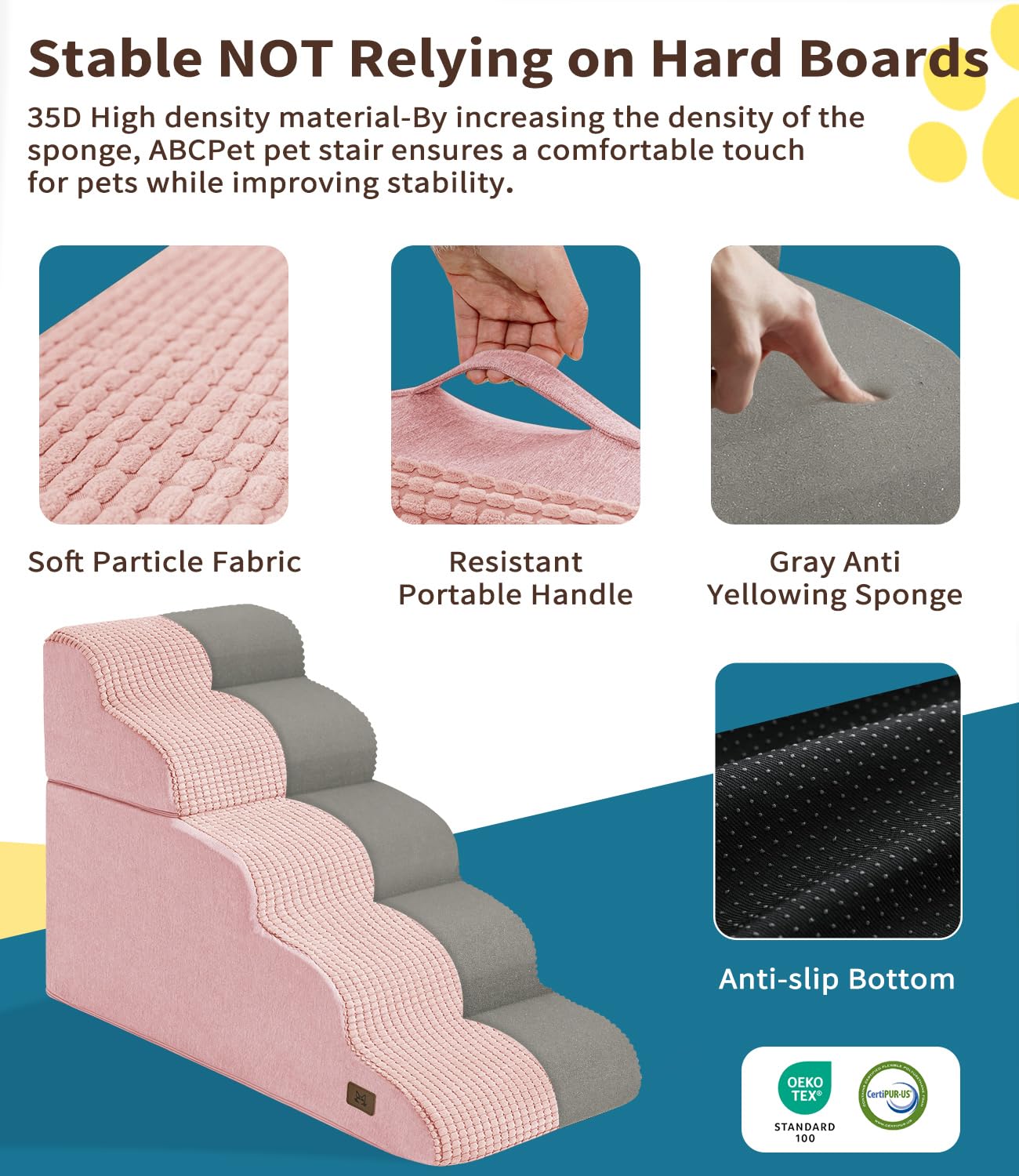 ABCPET Dog Step for Bed, Dog Stair 5-Step 35D Pet Stair 22.8 H for High Bed or Sofa Non-Slip Balanced Pet Step Indoor, Pink