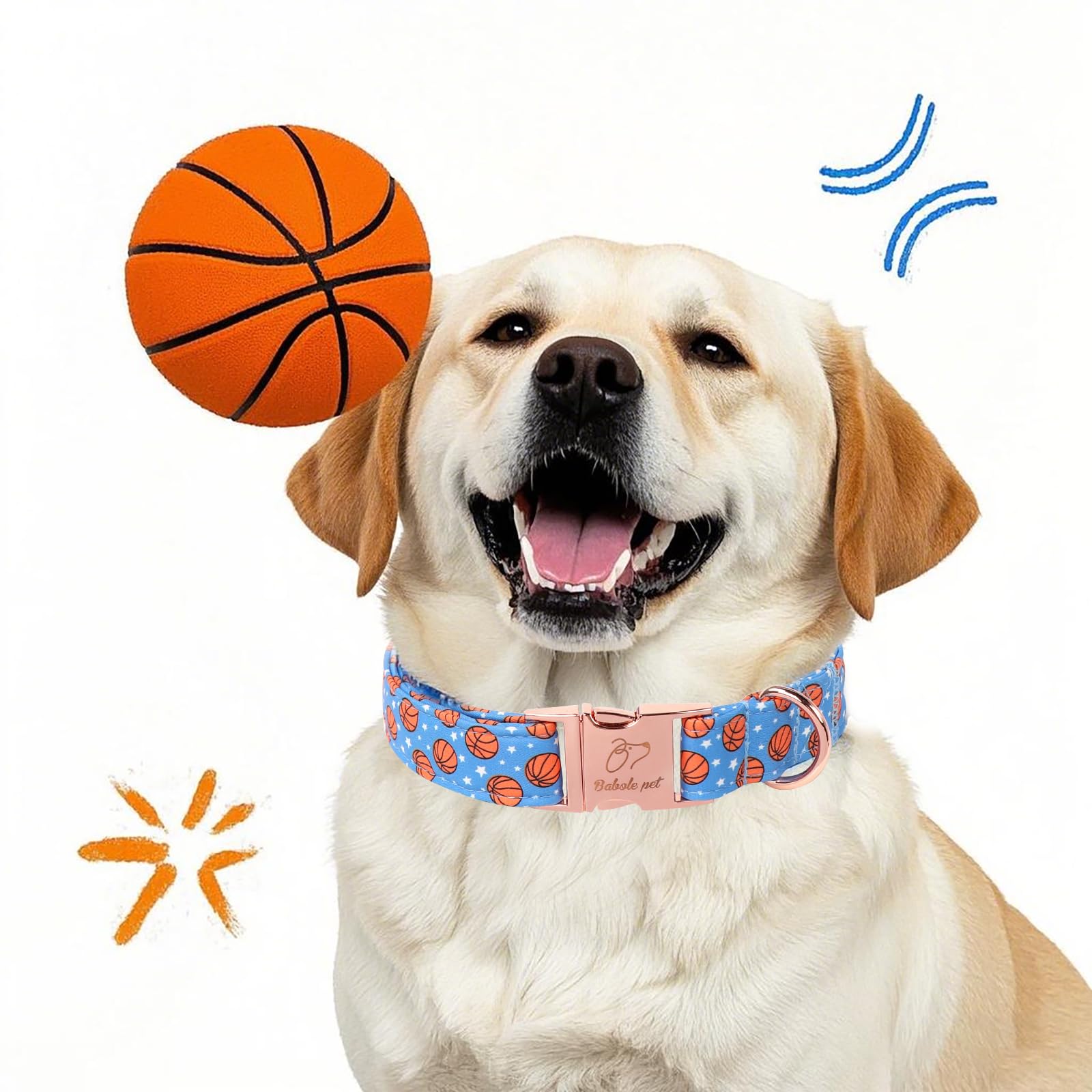 Babole Pet Adjustable Boy Dog Collar - Cute Blue Basketball Print Dog Collars For Puppy & Tiny Dogs, Durable Pet Heavy Duty Meta
