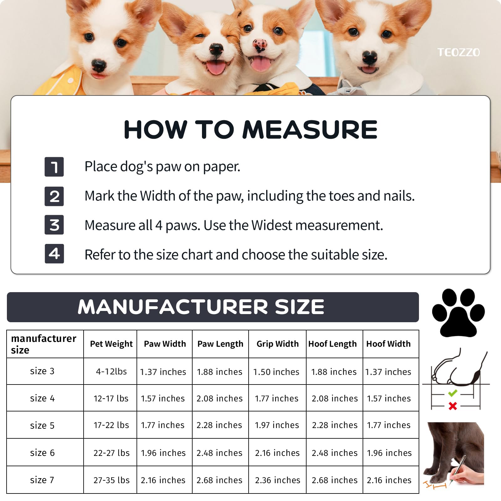 Teozzo Dog Snow Boots Dog Shoes For Small Medium Size Dogs Booties Paw Protector Warm Pet Boots For Puppies 4Pcs Black & White S