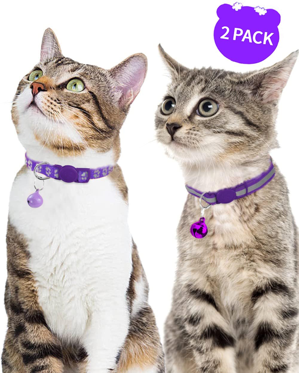 Taglory Reflective Cat Collars Breakaway With Bell, 2-Pack Girl Boy Pet Kitten Collar Adjustable 7.5-12.5 Inch, Purple