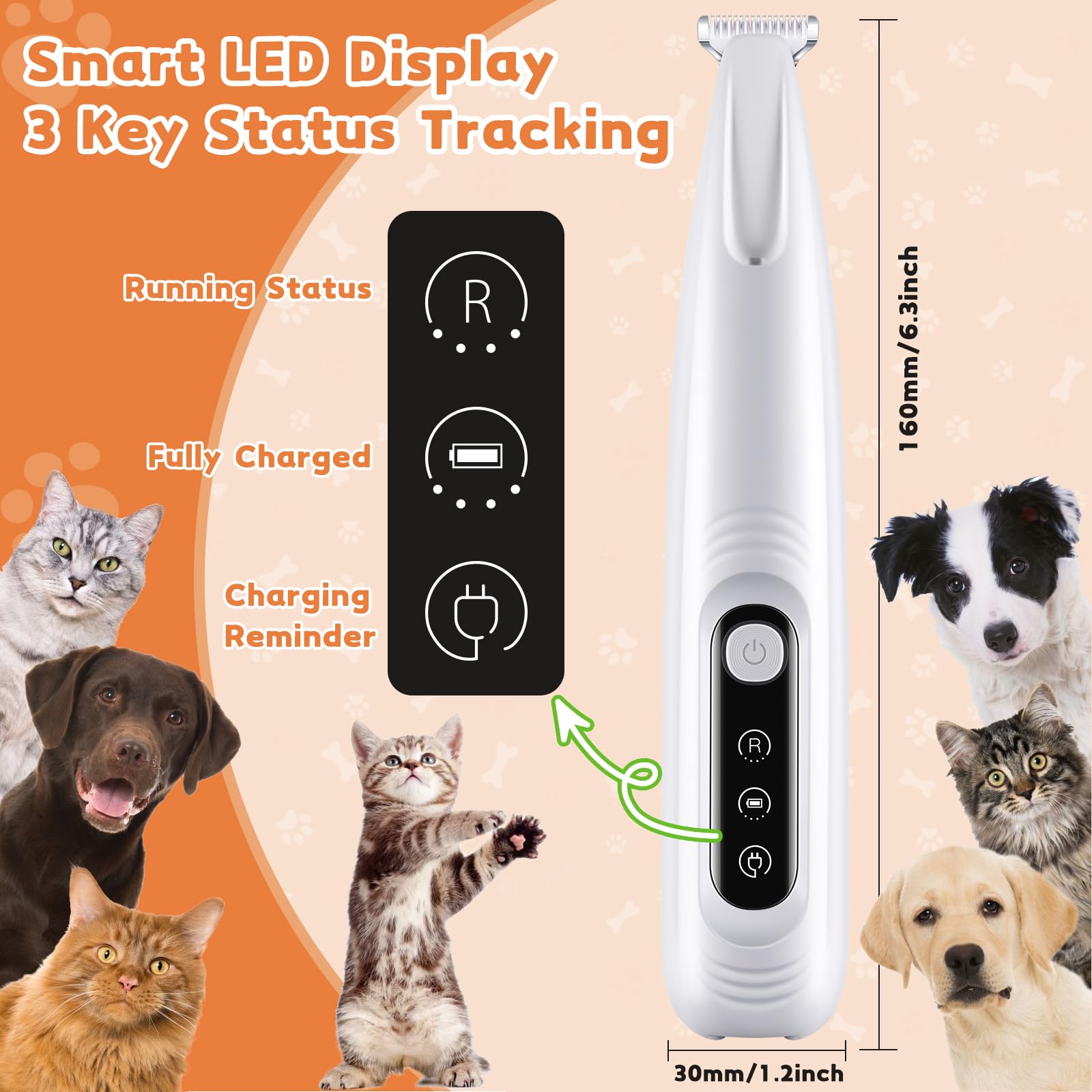 Hvsotv Dog Paw Trimmer With Led Light, 18Mm Widen Blade, 35Db Low Noise, Led Display, Fully Waterproof, Usb Rechargeable Pet Hai