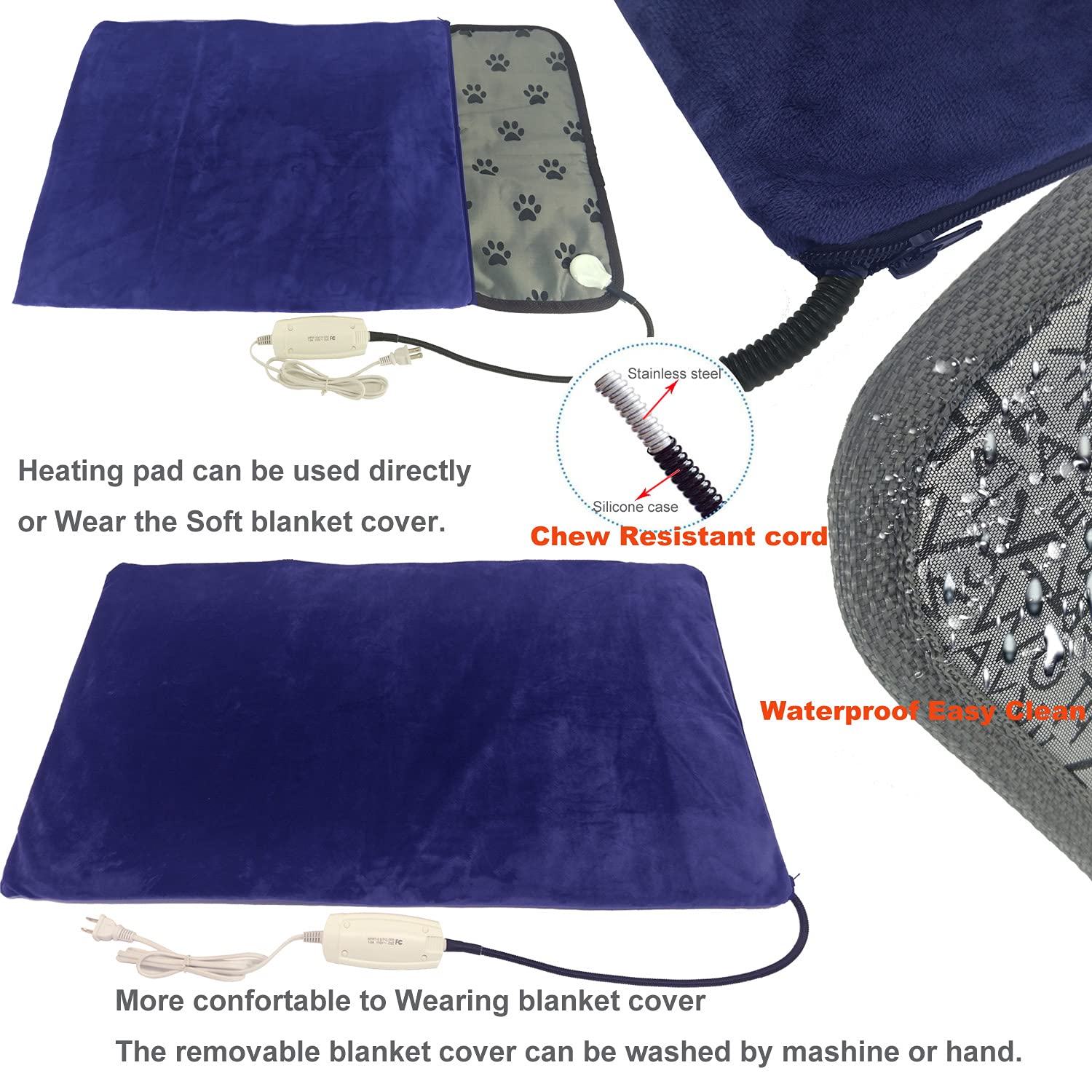 DEOMAN Pet Heating Pad - Large Dog & Cat Heated Bed, 34"x21", Grey, Water & Chew Resistant, Soft Washable Cover