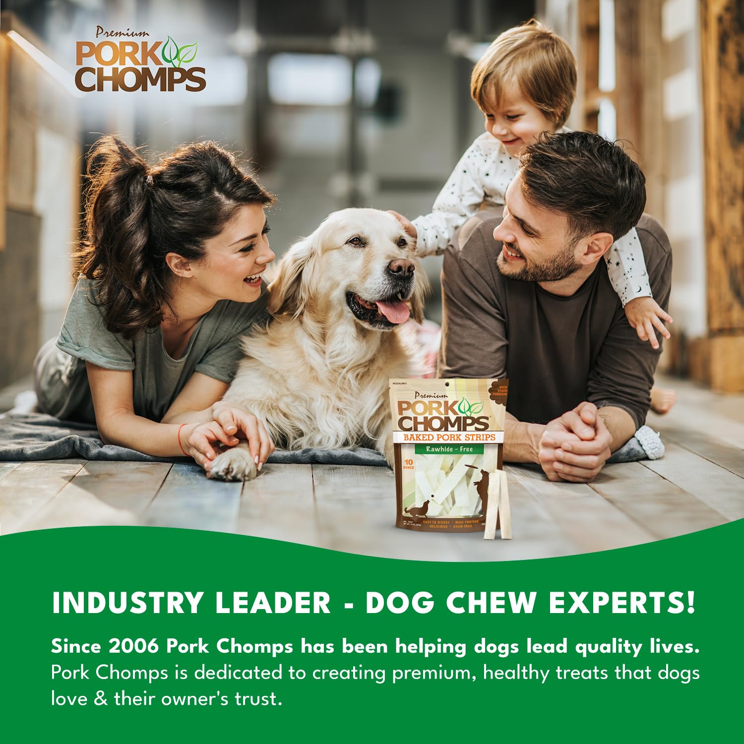 Pork Chomps Baked Pork Skin Dog Chews, 4-inch strips, 10oz Bag