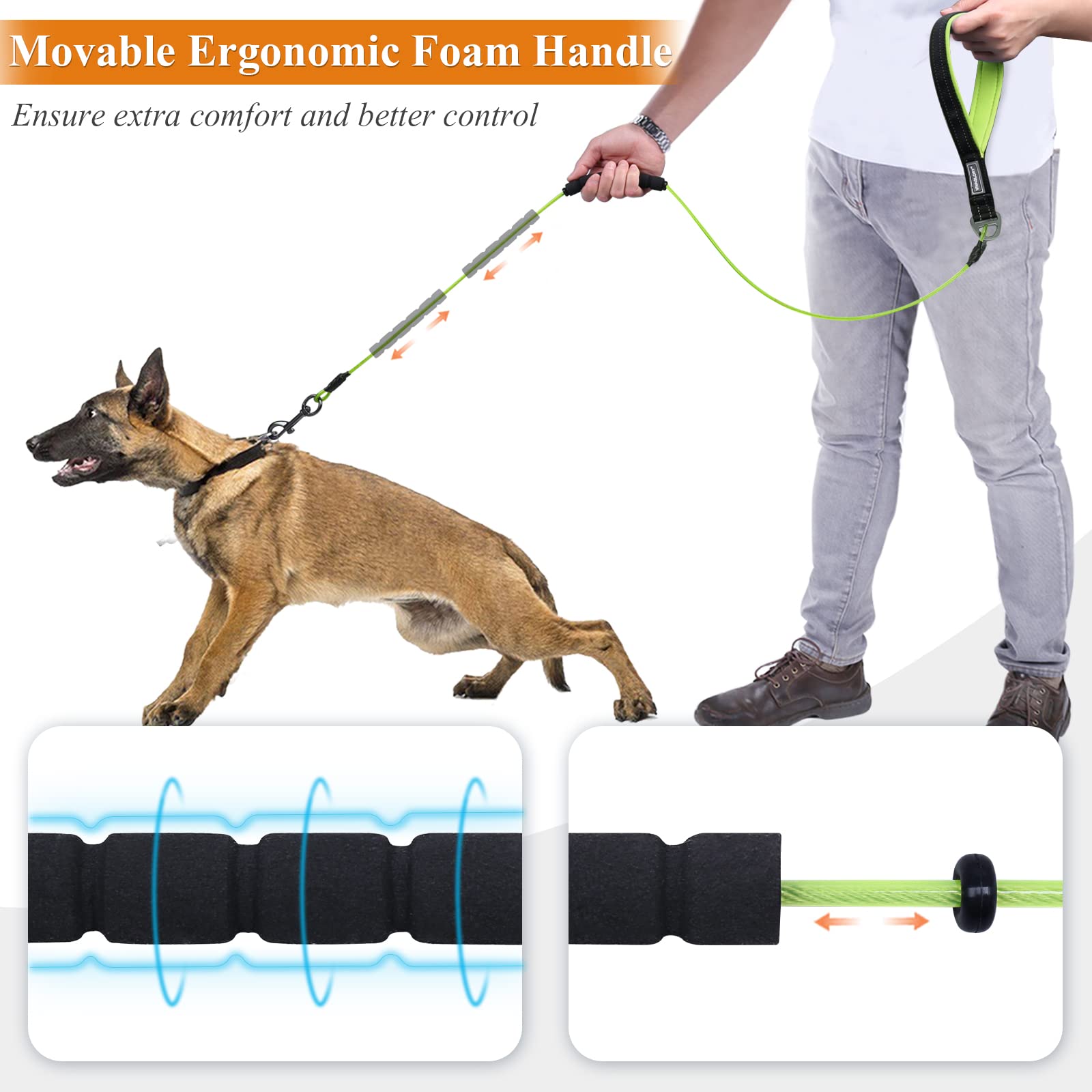 Vivaglory Waterproof Dog Leash, Twisted Stainless Steel Wire Rope Chew Proof Cable Lead With Extra Foam Handle For Small Medium Large Dogs, Green