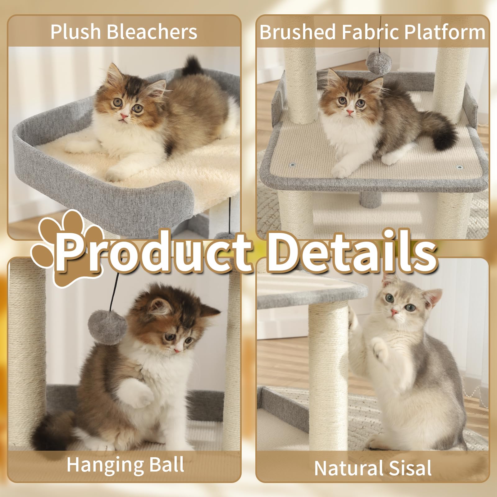 Durable Cat Scratching Post With Bed, Multi-Level 27.56In Cat Tree With Scratching Posts Of Natural Sisal, All-Season Cat Tree F