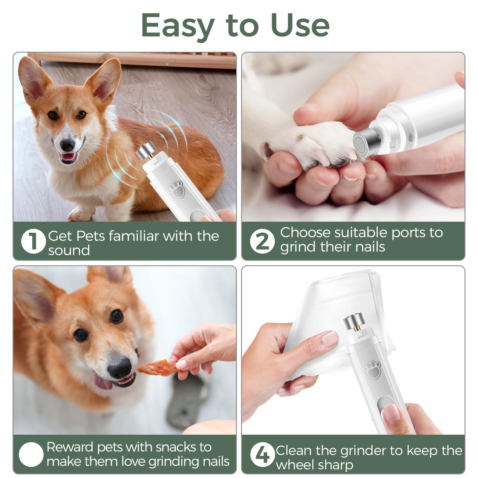 VIWIK Dog Nail Grinder - 2-Speed Rechargeable Trimmer for All Dog Sizes - Quiet Electric Grooming Tool - White