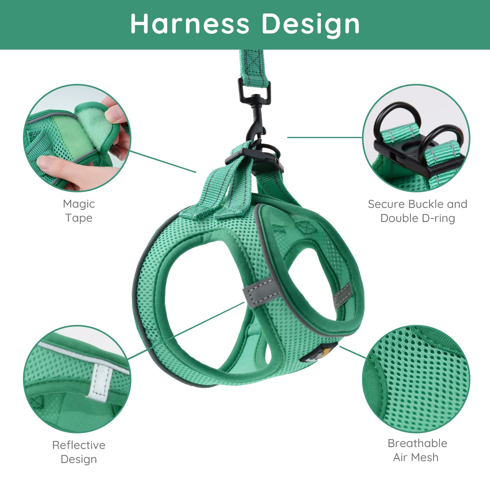 Bella & Pal Puppy Harness & Leash Set, No Pull, Step-In Harness For Extra Small Dogs, Green Xs