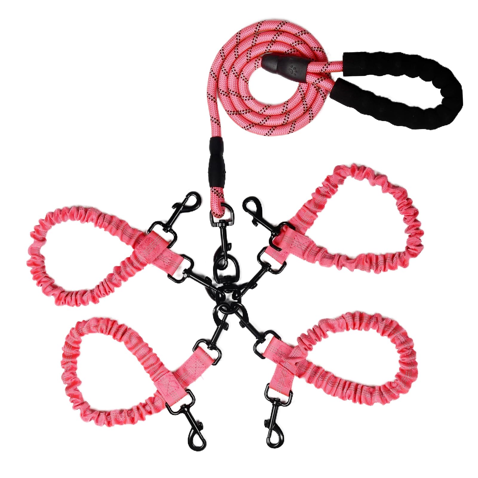 Dog Double Leashes,Rope Bungee Four Leash With Padded Handle Removable For 4 Dogs,Tangle-Free, Padded Handles, 360 Swivel Contro