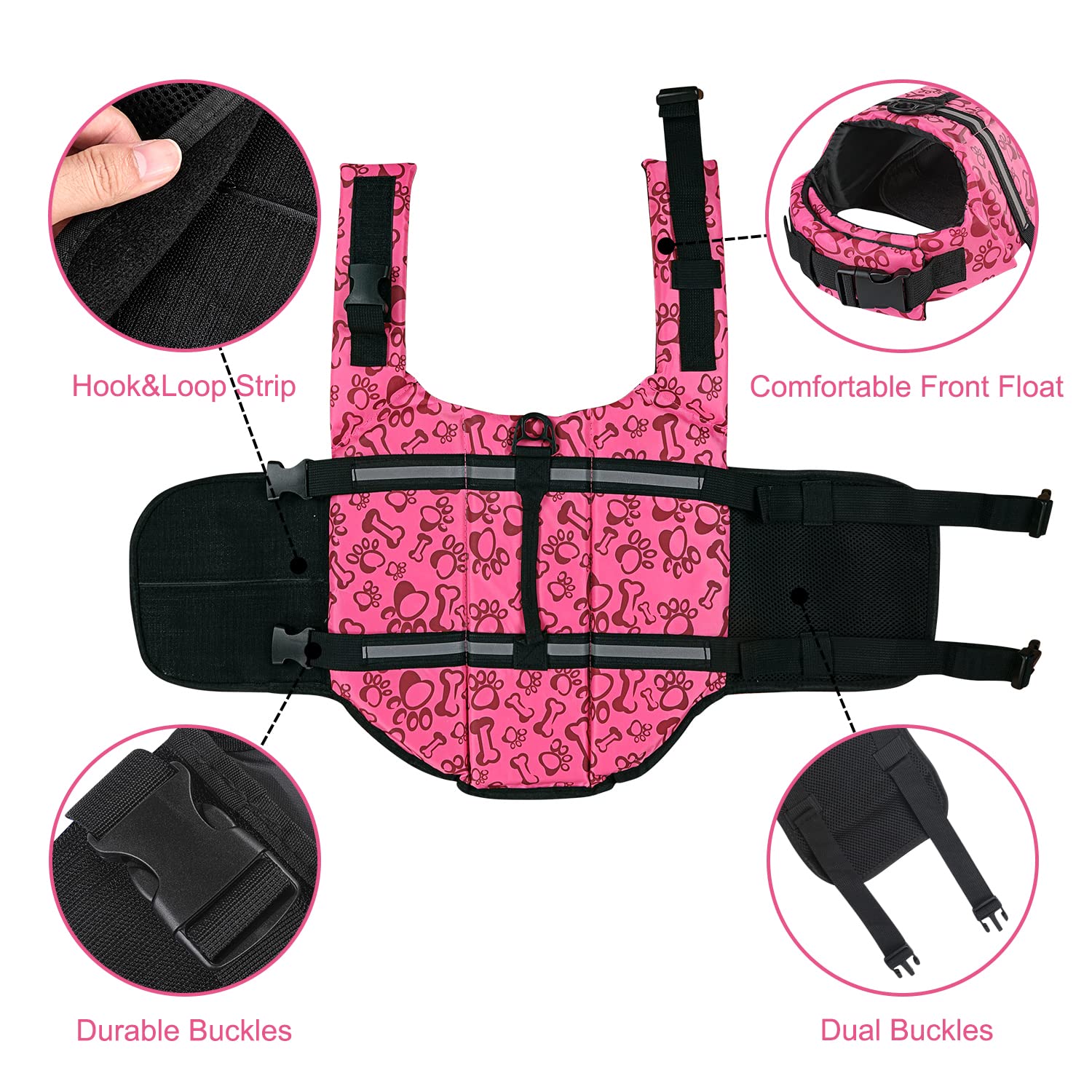 Haocoo Dog Life Jacket Vest Saver Safety Swimsuit Preserver With Reflective Stripes/Adjustable Belt Dogs?Pink Bone,M