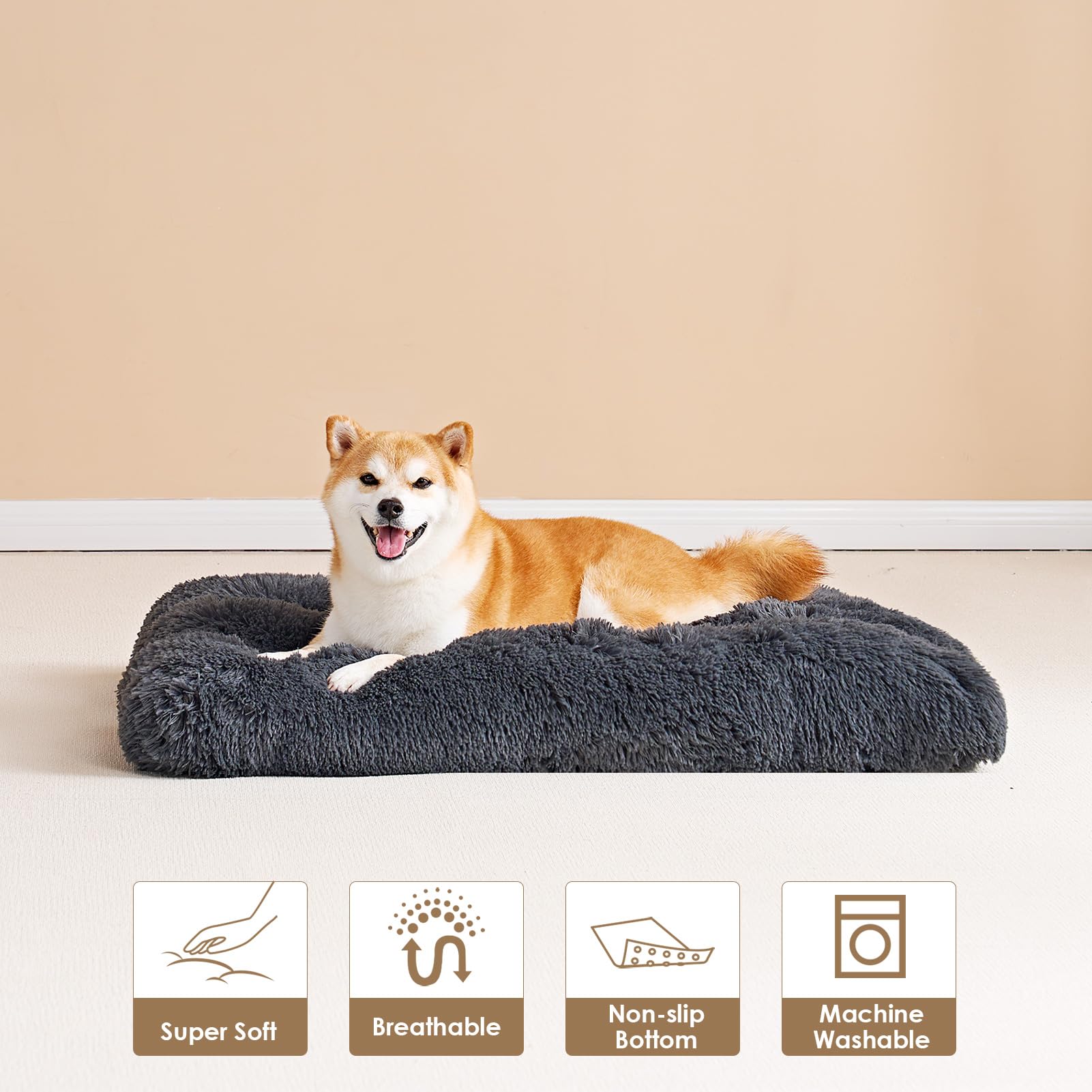 Eheyciga Fluffy Dog Crate Bed For Large Dogs, Plush Faux Fur Dog Crate Pad, Calming Anti Anxiety Large Dog Bed For Crate, Washable Soft Warm Dog Crate Mat With Non-Slip Bottom, Dark Grey