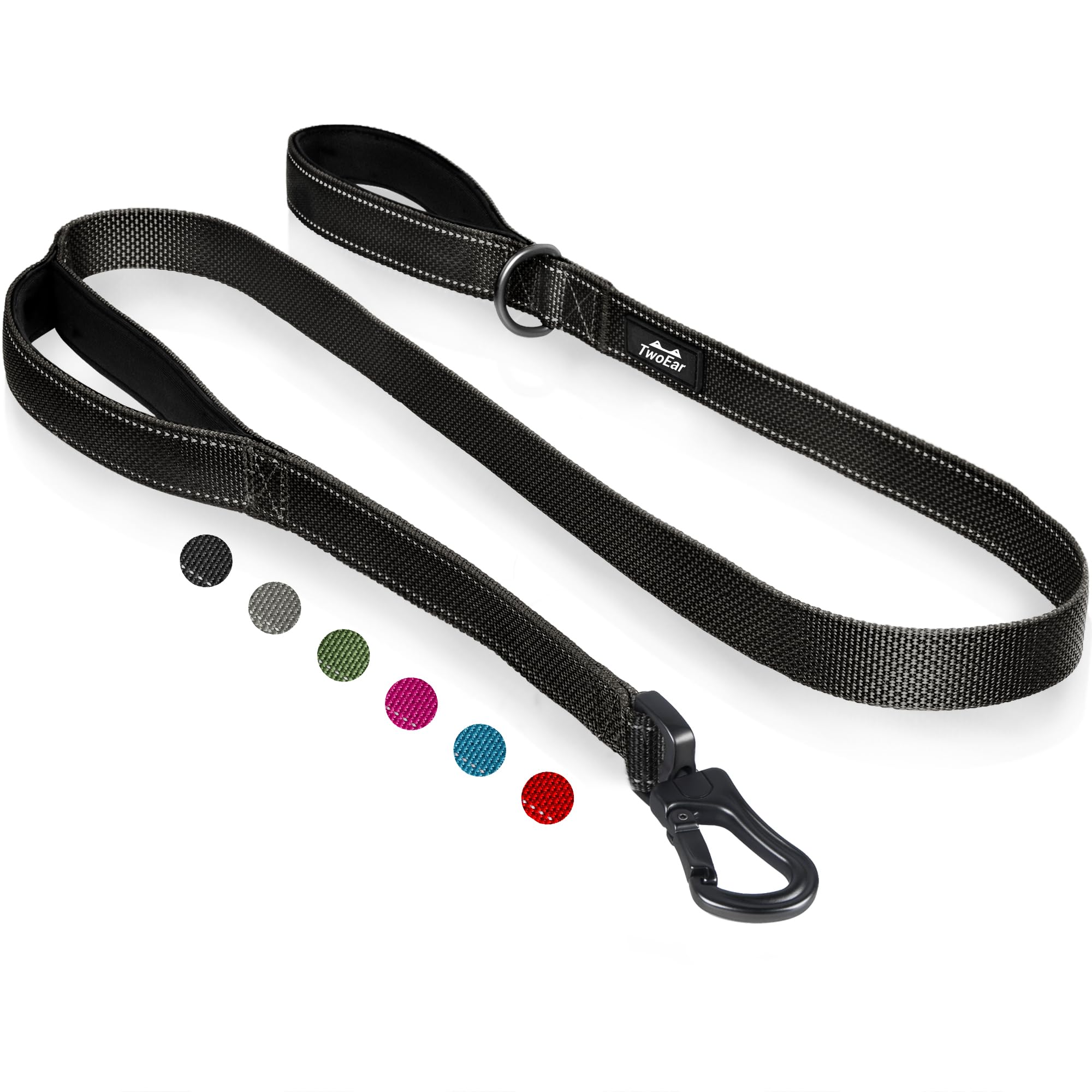 Twoear 6Ft 1In Strong Black Dog Leash With 2 Padded Handles, Traffic Handle Extra Control, Comfortable Soft Dual Handle, Auto Lo