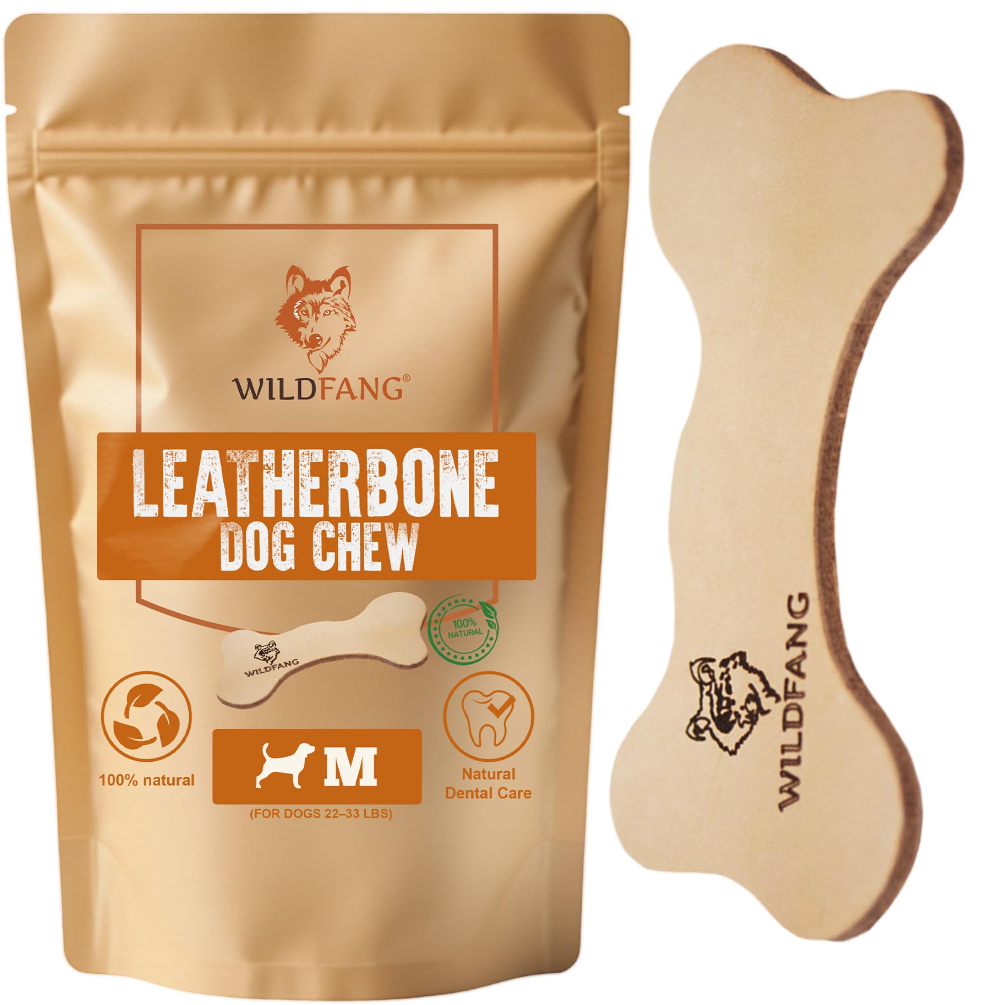 Wildfang® Leather Dog Toy, Medium  Soft Dog Chew Toys for Gentle Chewers, Puppies, Senior or Older Dogs with Sensitive Teeth  Non-Toxic, Stuffless, 5mm Leather Dog Bone for Dogs 2233 lbs, Pack of 1