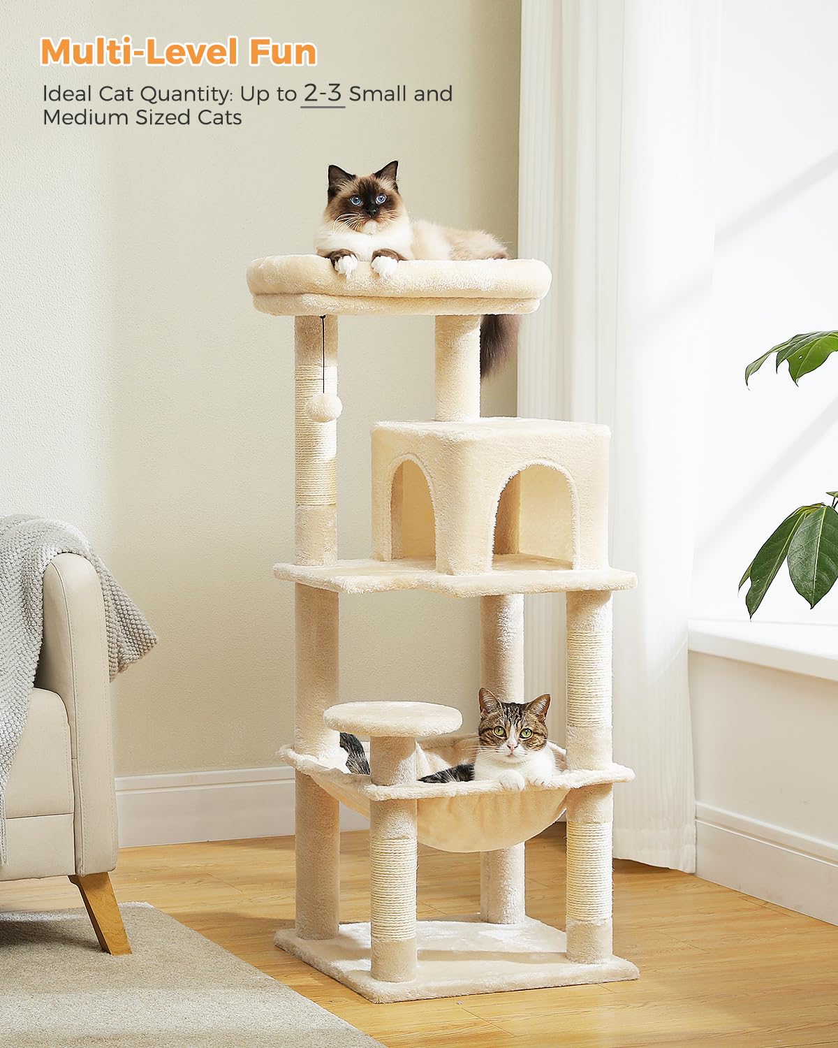 Muttros Cat Tree For Indoor Cats, 45.7'' Multi-Level Cat Tower With Large Metal Frame Hammock, Cat Condo With 4 Scratching Posts