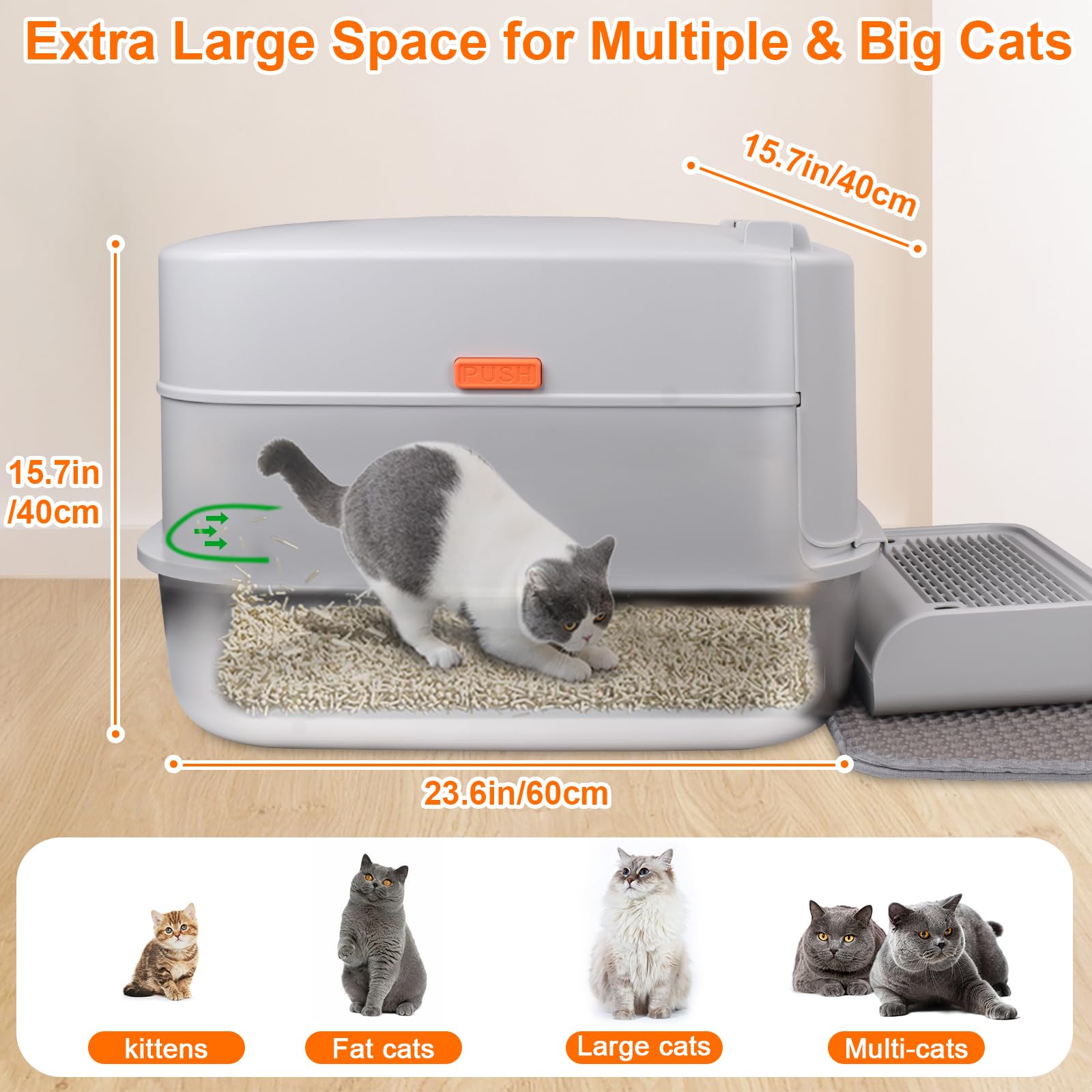Elegx Odor-Control Stainless Steel Cat Litter Box,Xl Large 4-In-1 Cat Metal Litter Box Set,Enclosed Removable Metal Litter Box W