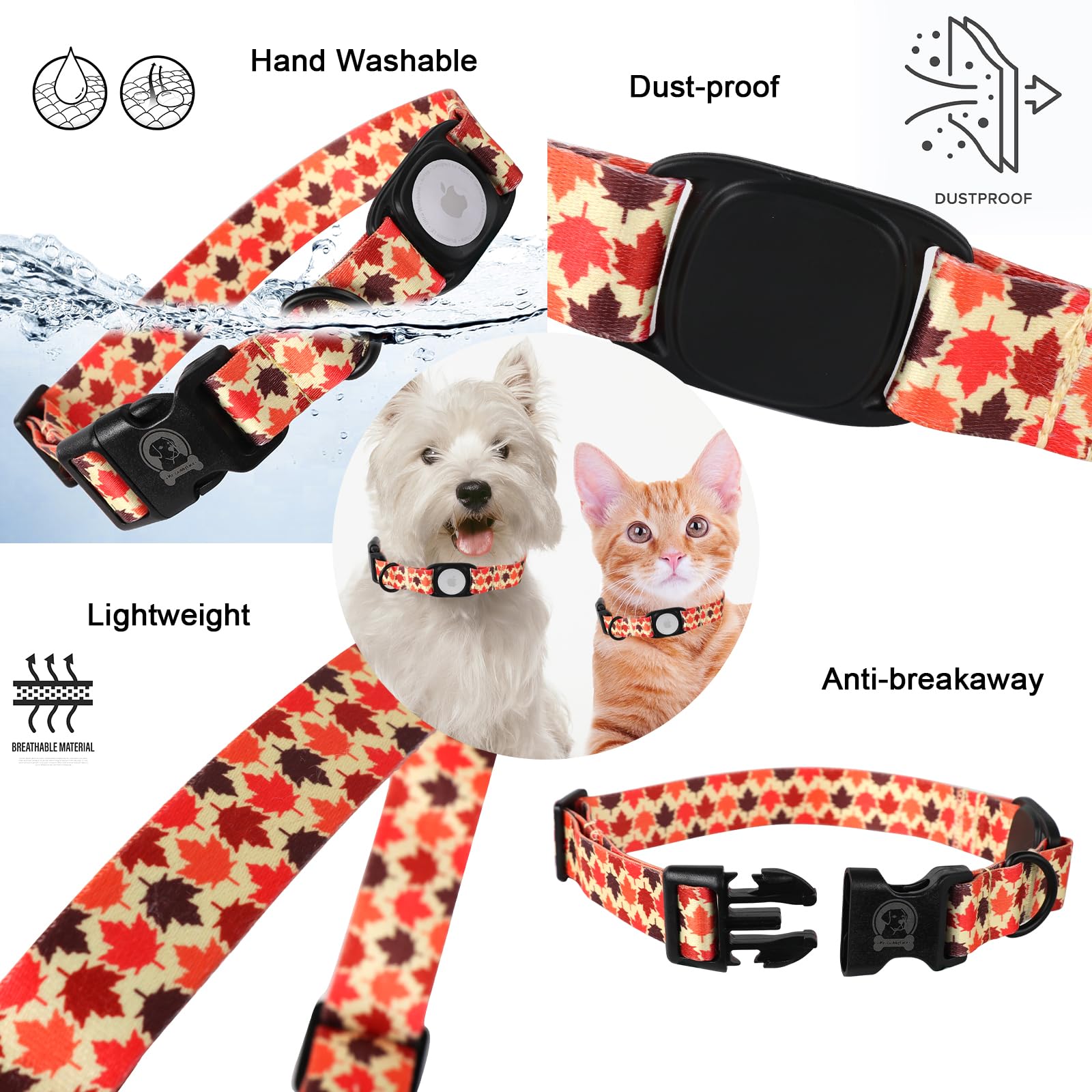 Mr.Chubbyface Fall Dog Collar With Apple Airtag Holder Orange Maple Leaves Dog Collar For Small Medium Large Boy Girl Dogs
