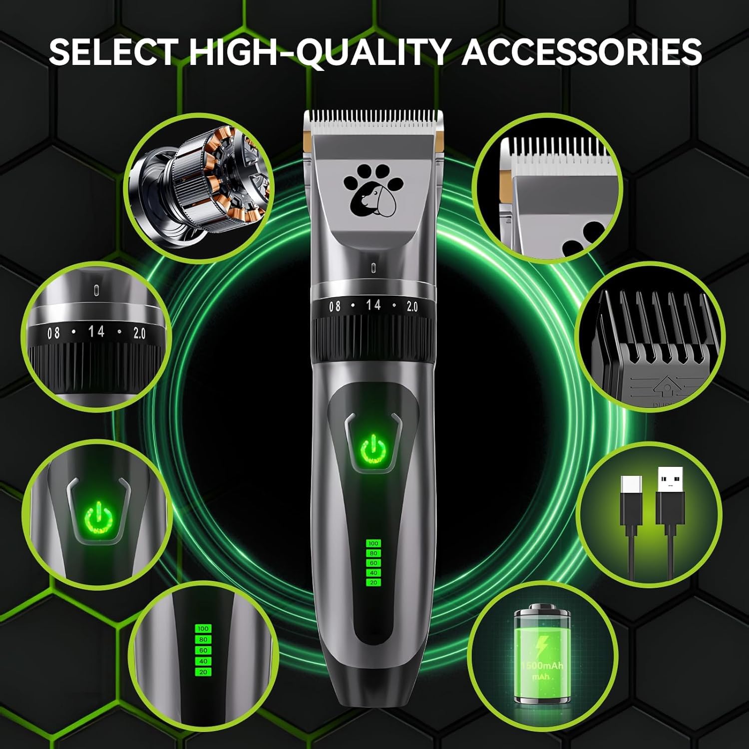 Dog Clippers Cordless, Professional Cat Trimmer, 2-Speed Low Noise Dog Grooming Kit, Pet Trimmer For Small Large Thick Hair Dogs