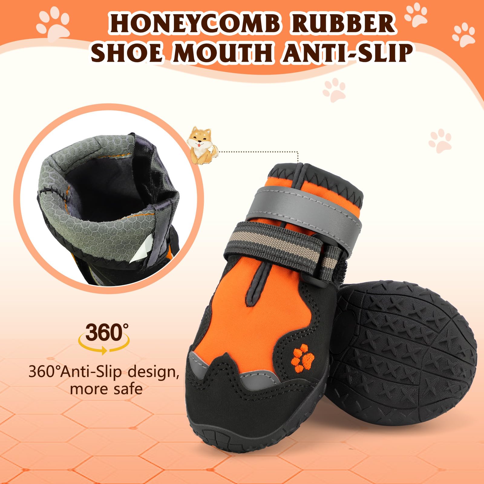 FISHOAKY Dog Shoes for Large Dogs, Waterproof Rubber Booties, Size 8, Multi-color, 360° Anti-Slip, Reflective Strips, Model GH023-US-WOW