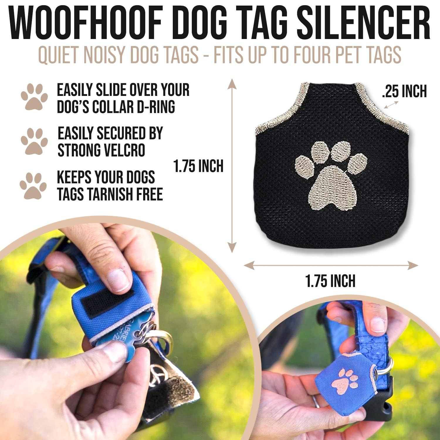 Woofhoof Dog Tag Silencer, Black Pawprint - Quiet Noisy Pet Tags - Fits Up to Four Pet IDs - Dog Tag Cover Protects Metal Pet ID