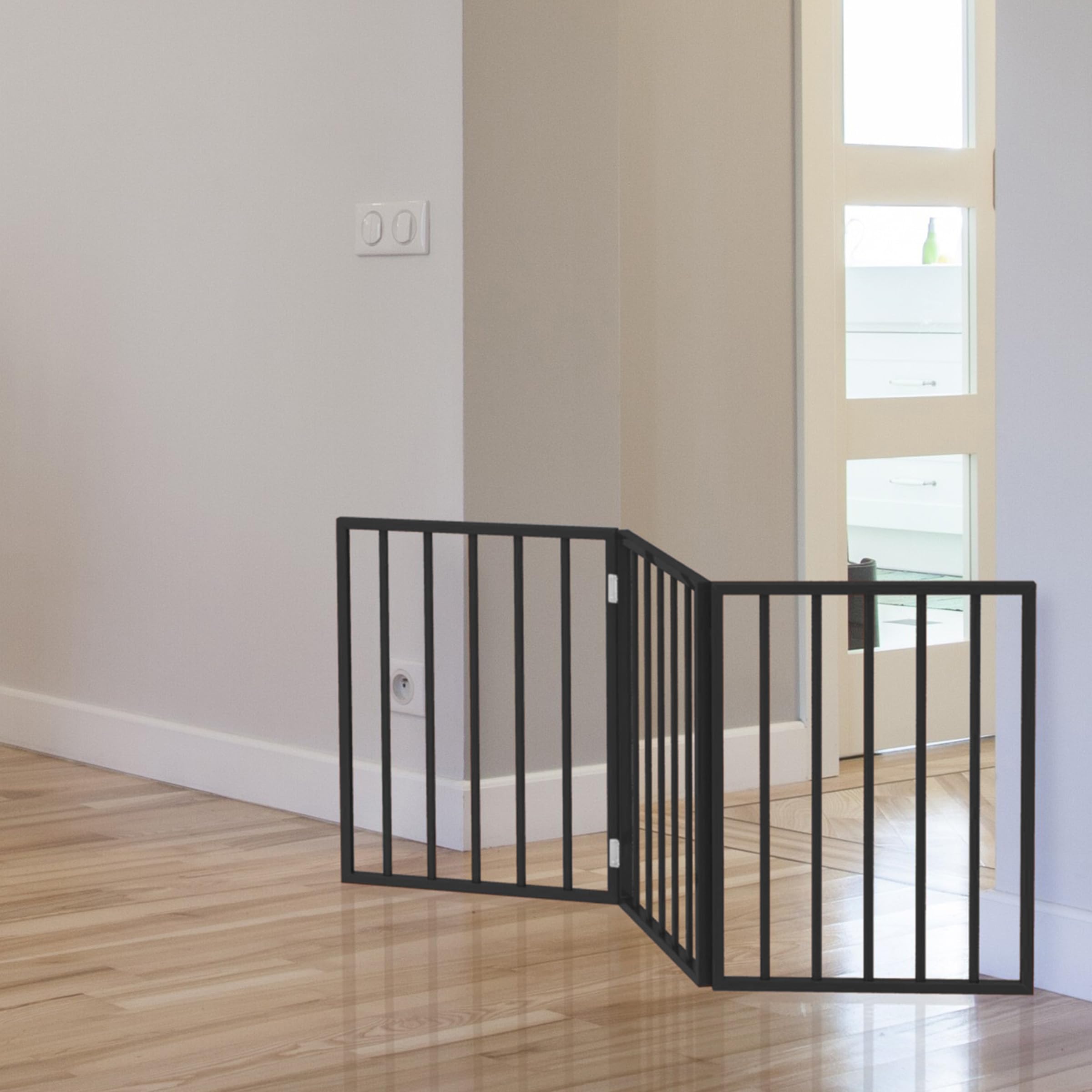 Indoor Pet Gate - 3-Panel Folding Dog Gate For Stairs Or Doorways - 54X24-Inch Freestanding Pet Fence For Cats And Dogs By Petmaker (Black)